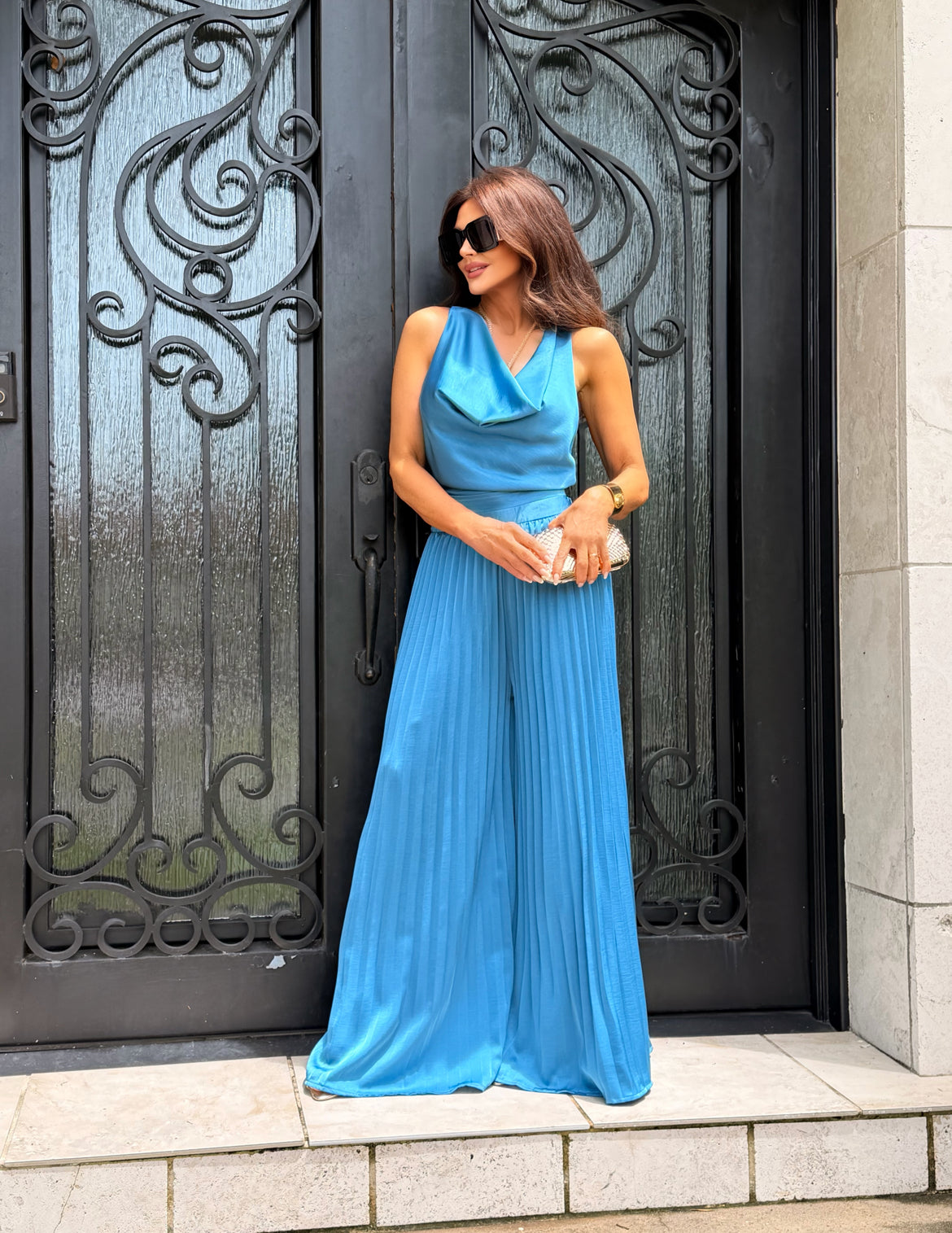 Molly Slate Blue Satin Drape Neck Crop Top