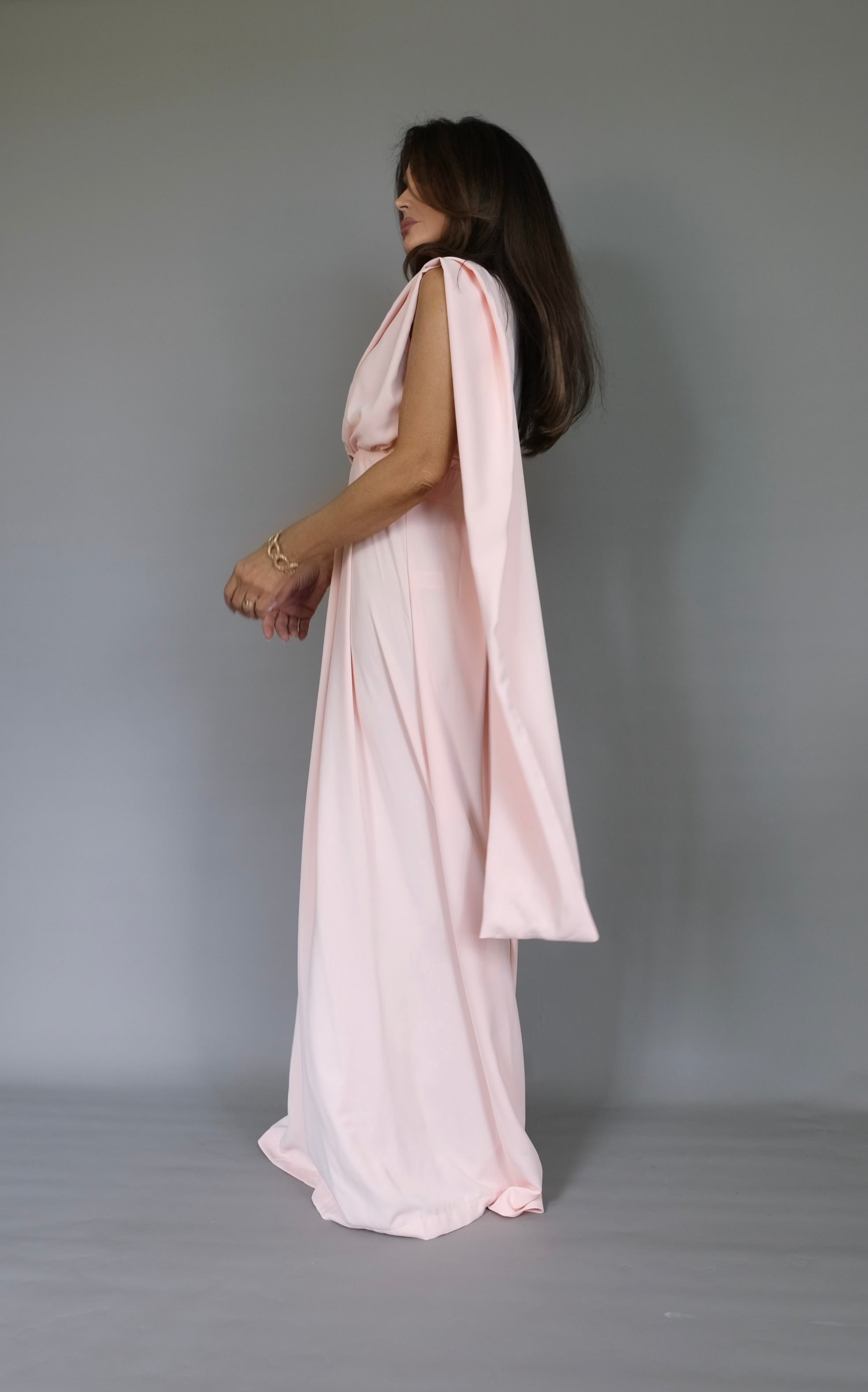 Jersey light peach wide leg jumpsuit with scarf detail