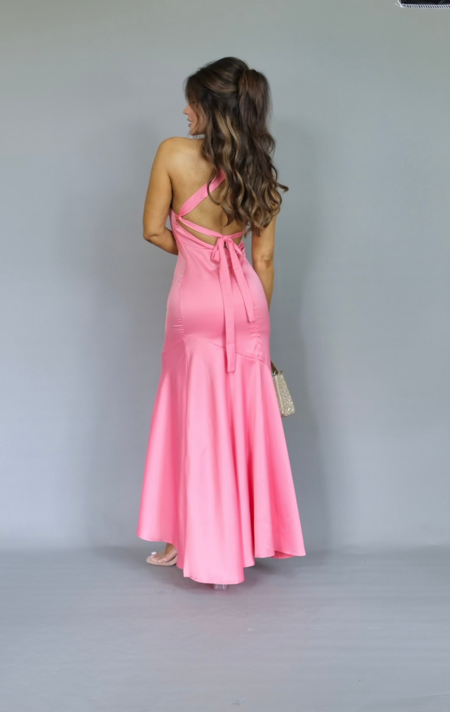 Vera pink slant shoulder maxi length slip dress