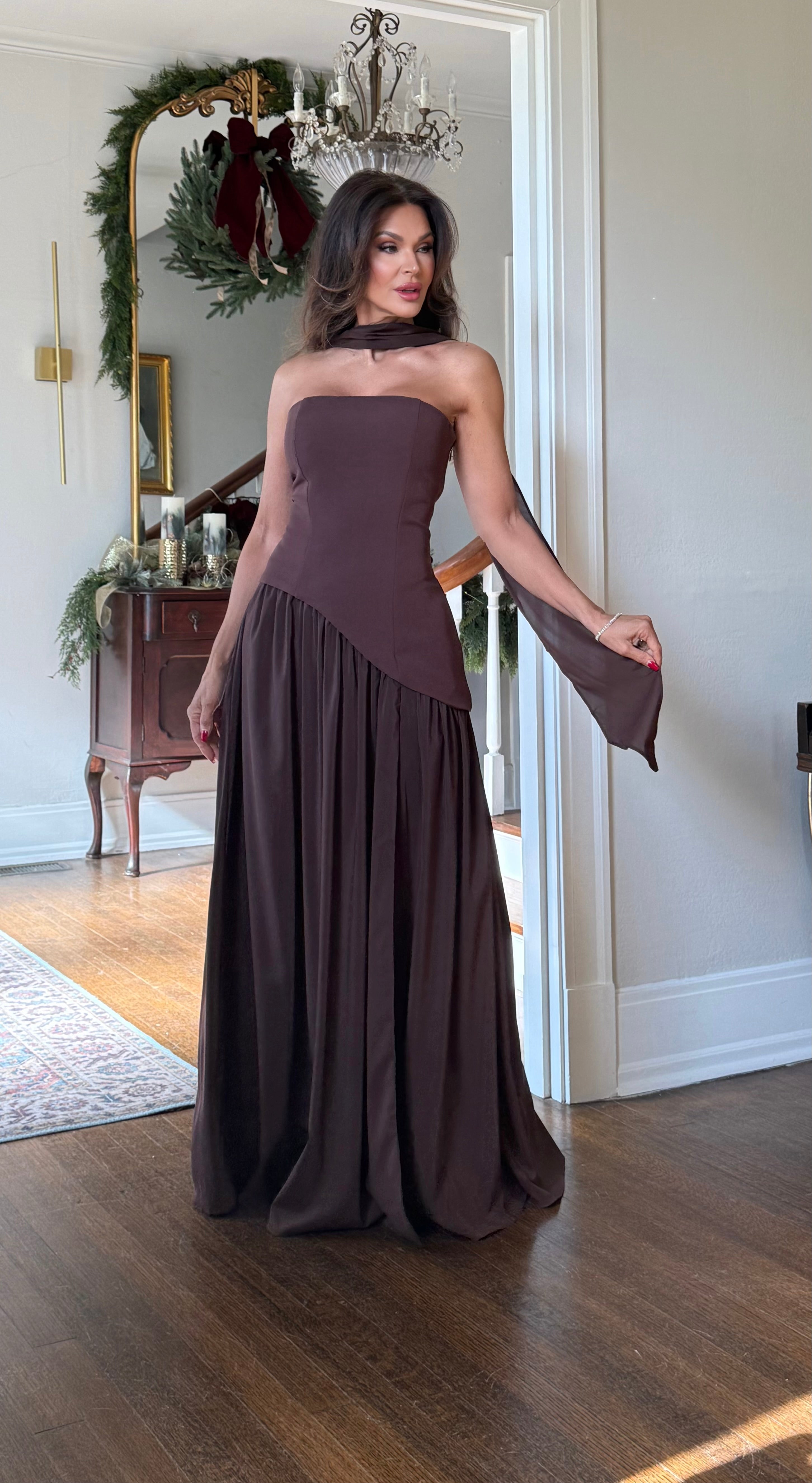 Esmeralda Chocolate Strapless Asymmetrical Waist Gathered Skirt With Slit Midi Dress