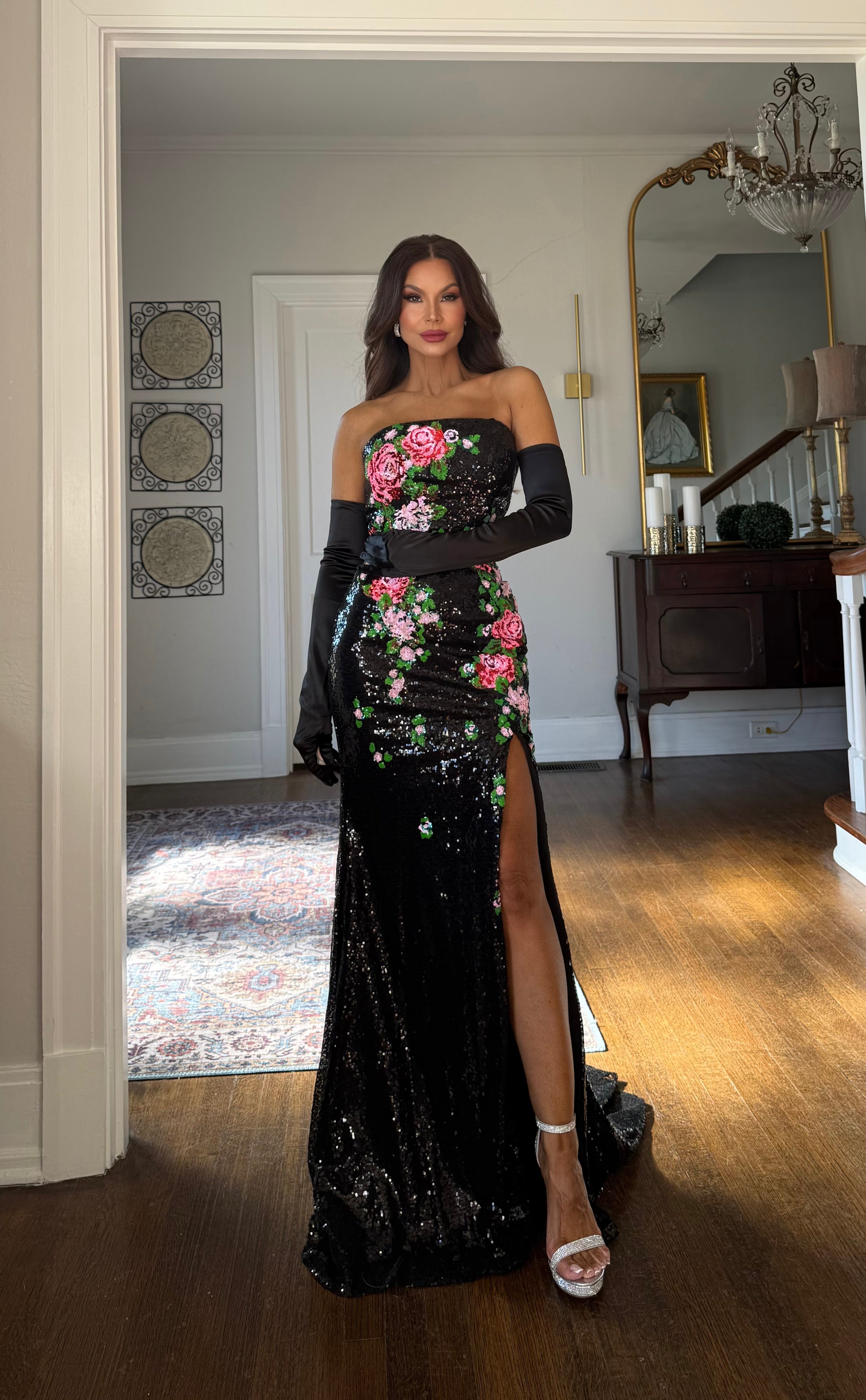 Margot Black Sequin Formal with Floral Pattern