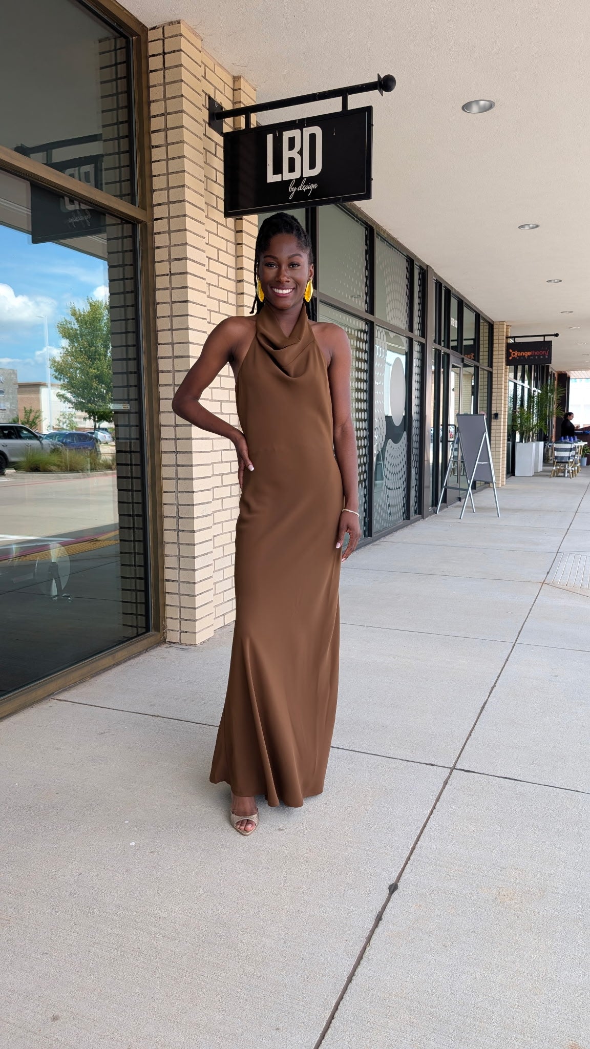 Lettie Chocolate Brown Satin Cowl Neck Halter Midi Dress