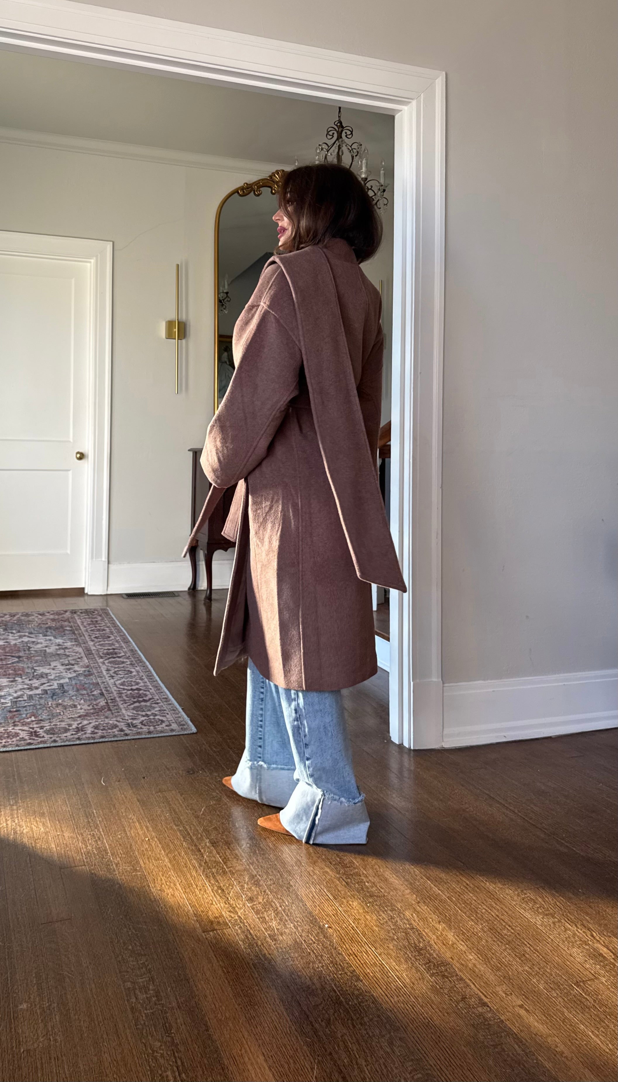 Lexi Drape Brown Front Drape Wool Trench Coat With Tie Belt