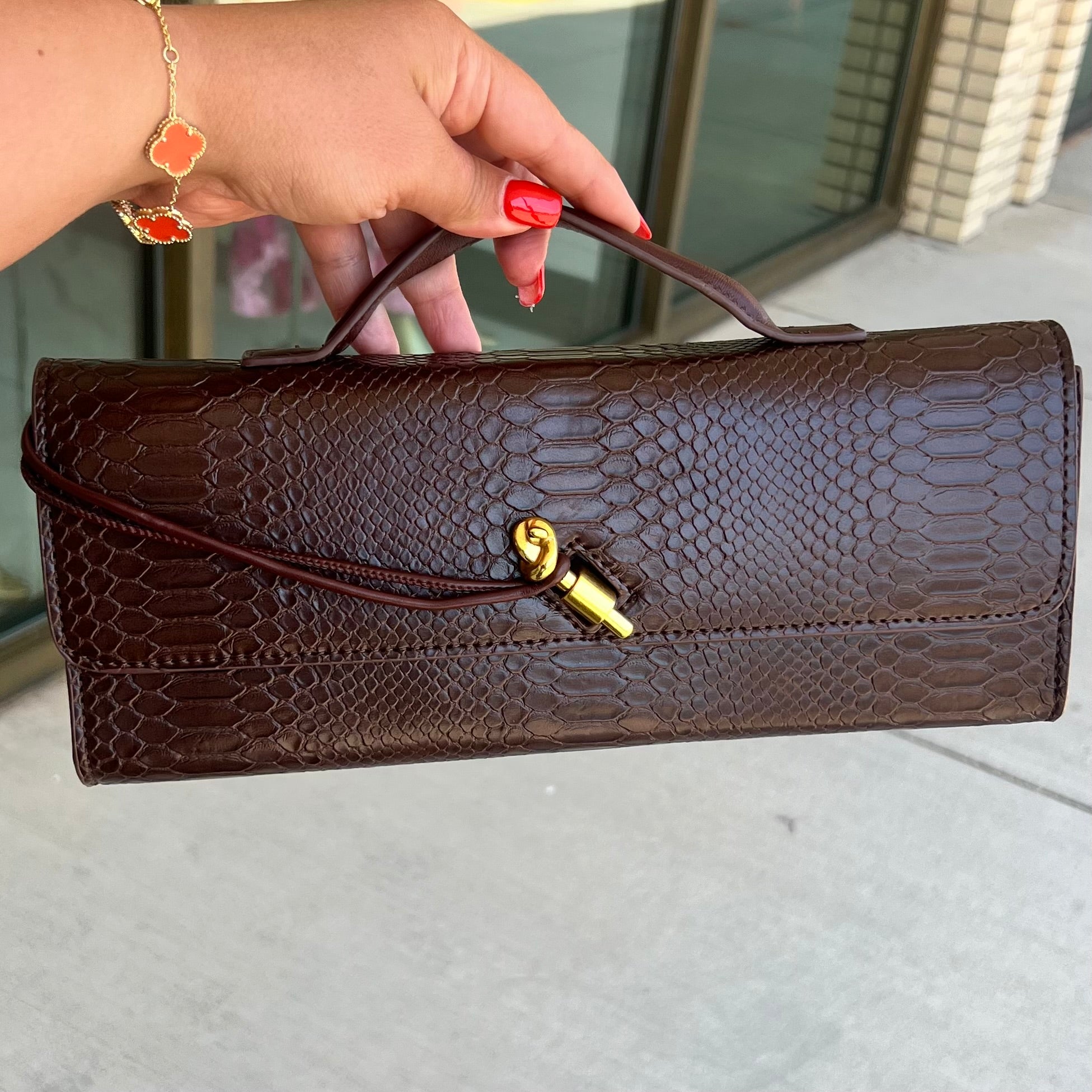 Coleen Chocolate Braid Rectangle Bag With Gold Hardware