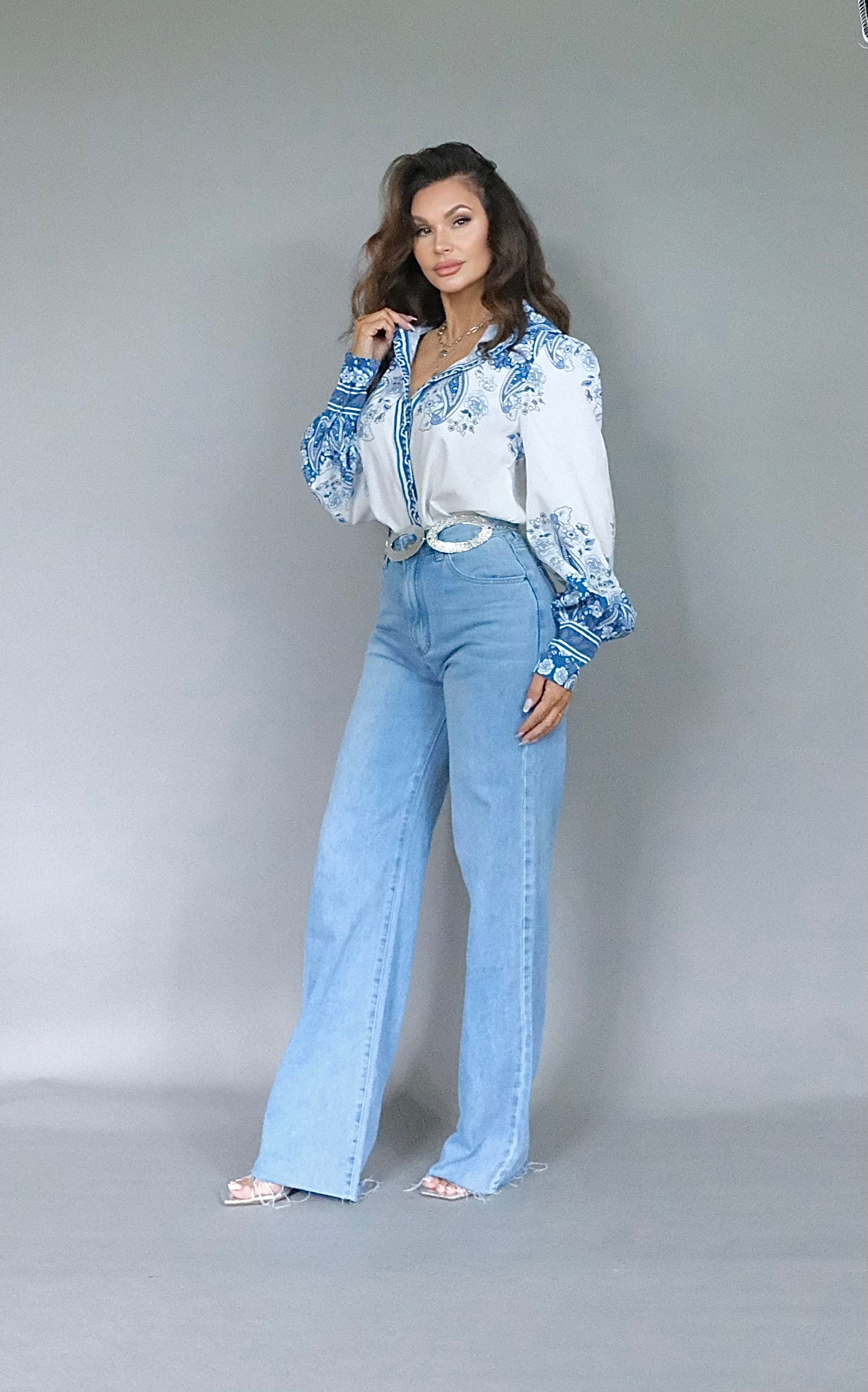 Annette White Puff Sleeve Button-Up with Blue Floral Detail