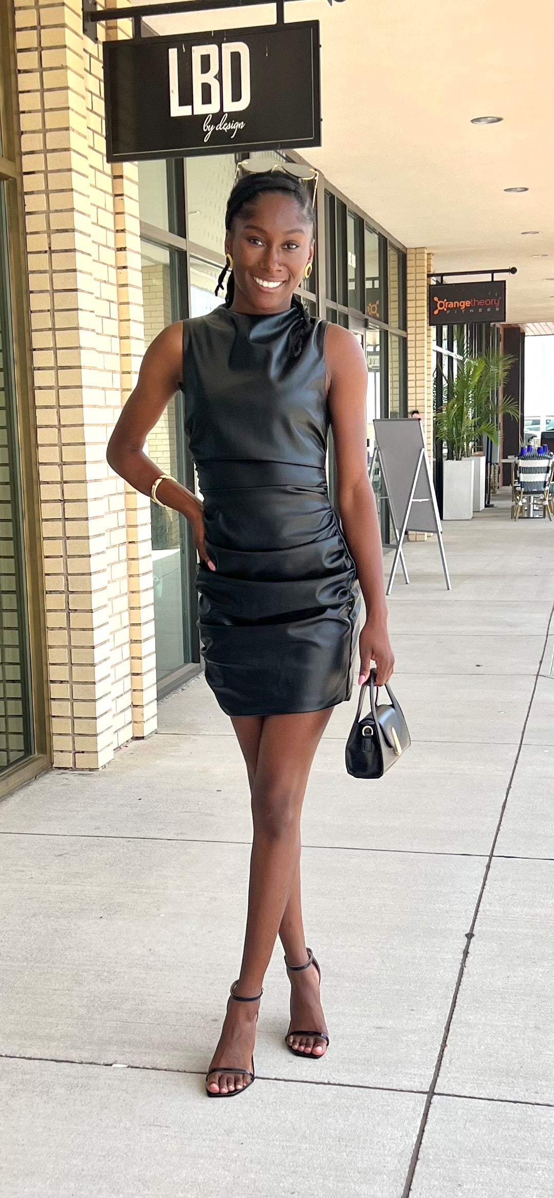 Jubilee black high neck vegan leather mini dress