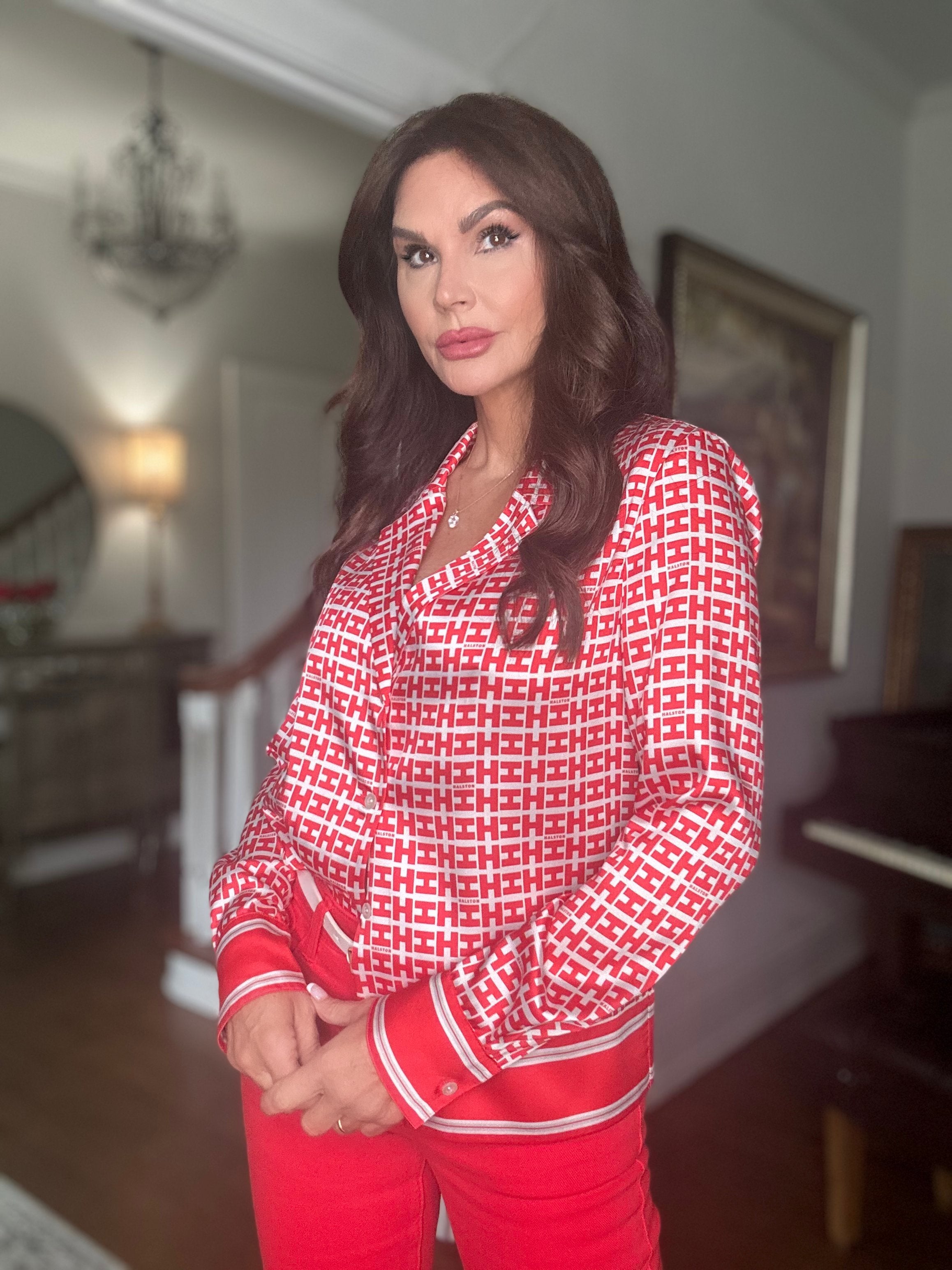 Chris Red Print Halston Blouse