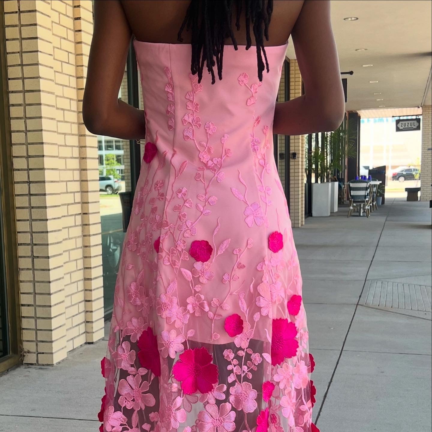Phebe Pink Embroidered Floral Applique Midi Dress
