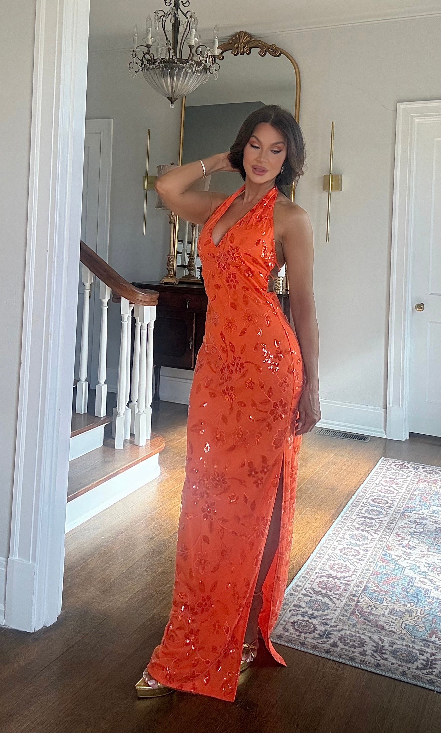 Olandria Orange Sequin Halter Backless Formal