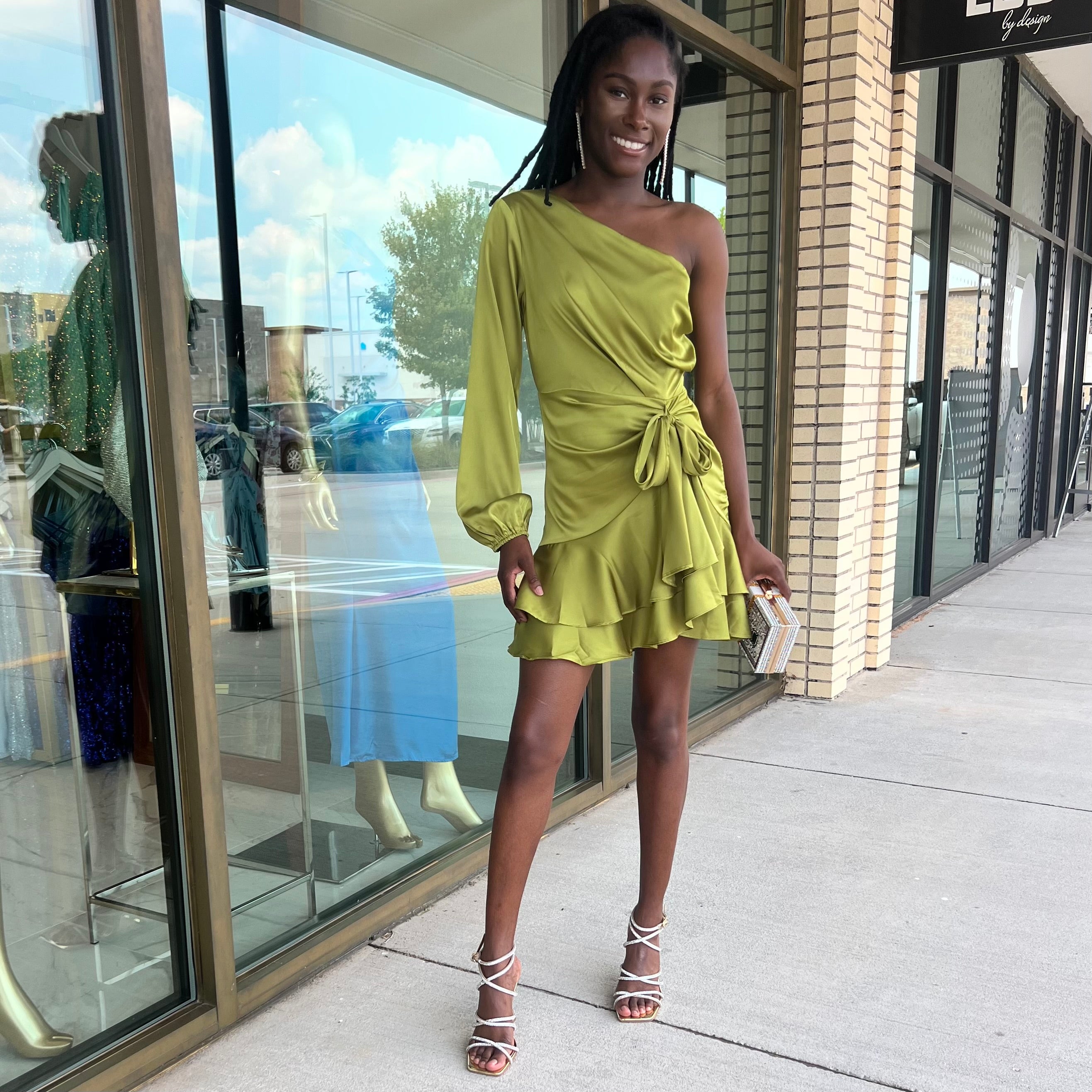 Lori Avocado Green Satin One Shoulder Ruffle Hem Mini Dress