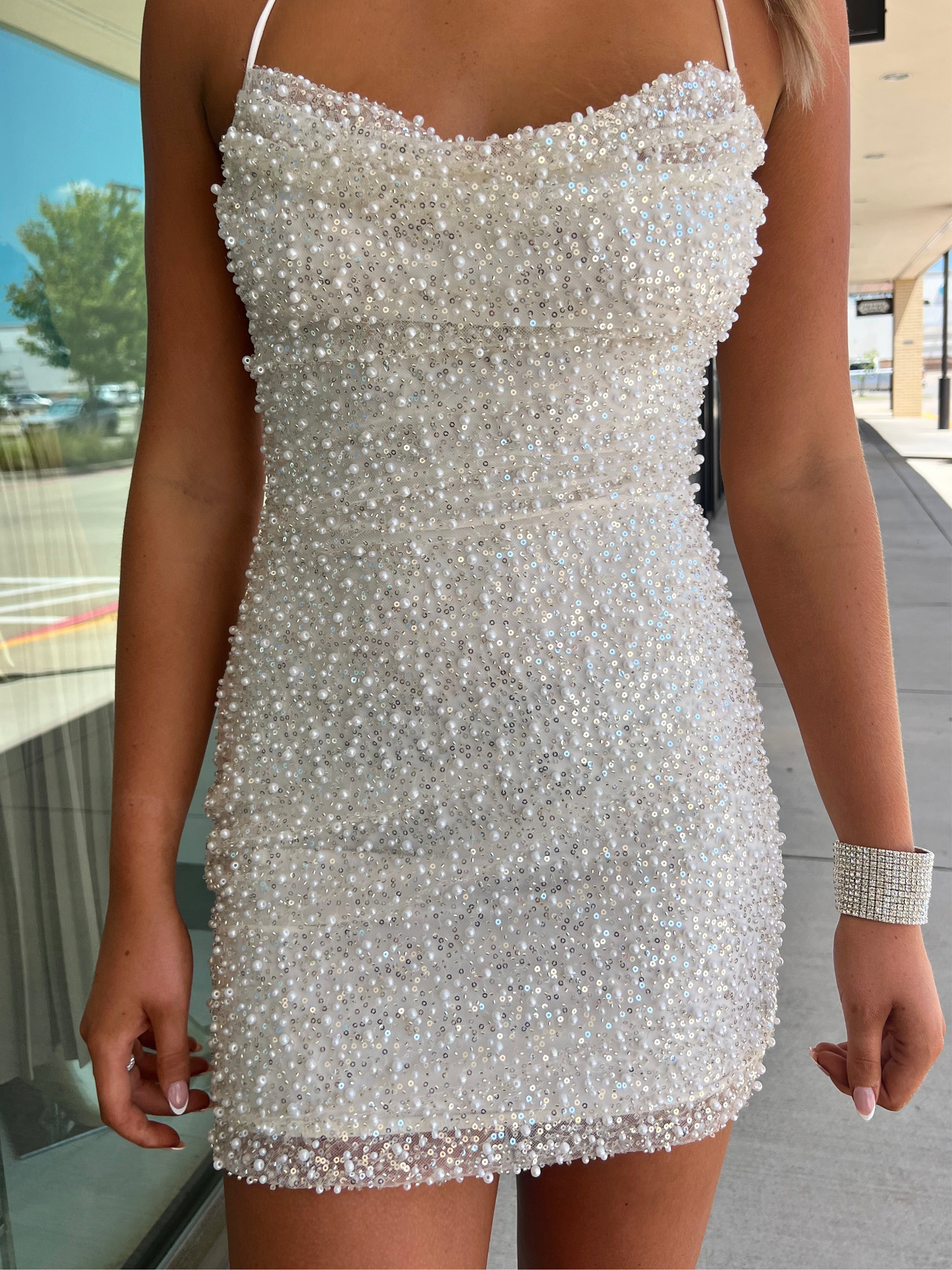 Sable white mesh beaded tie back tube mini dress