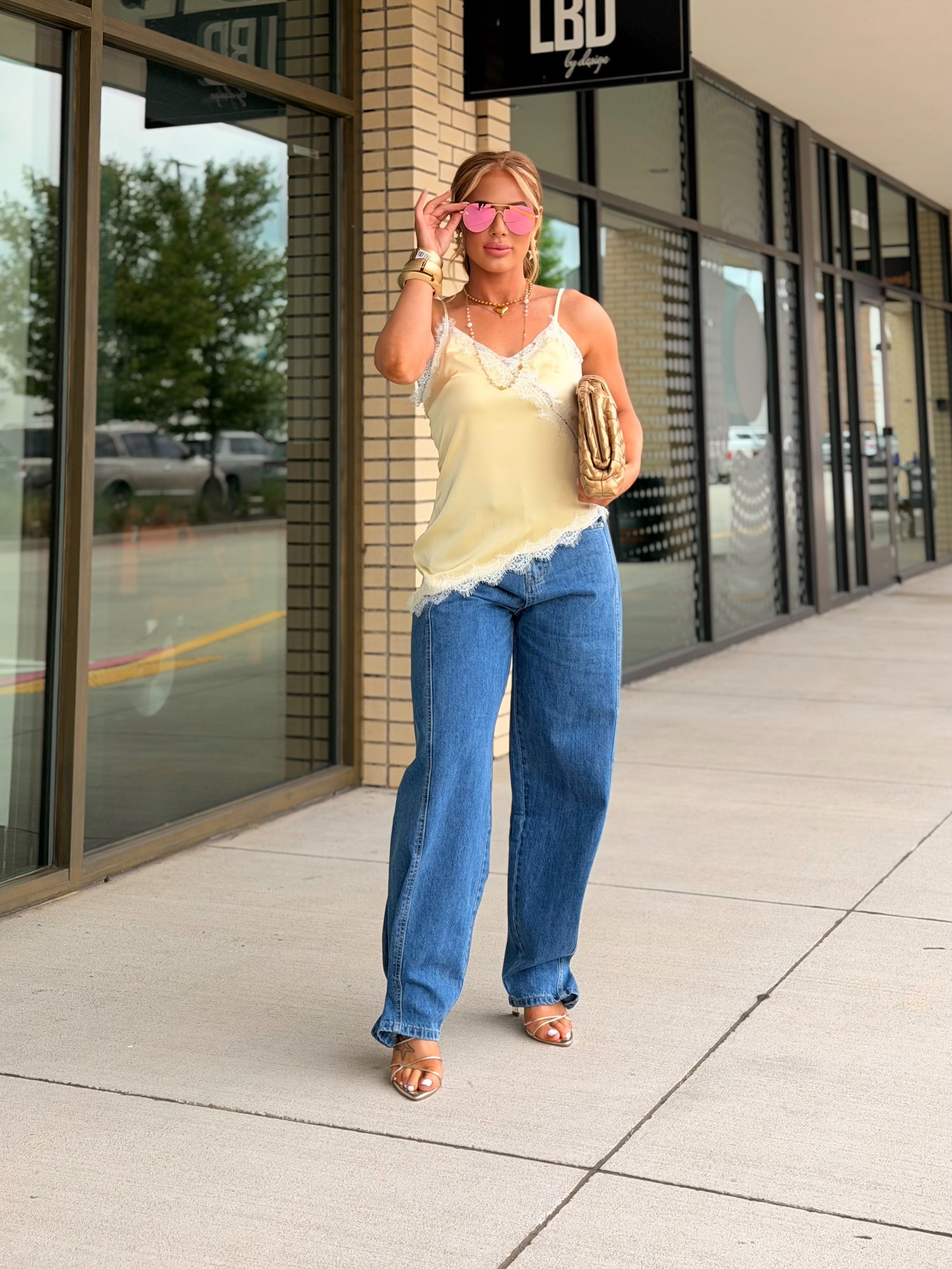 Sabrina light yellow asymmetrical satin lace top