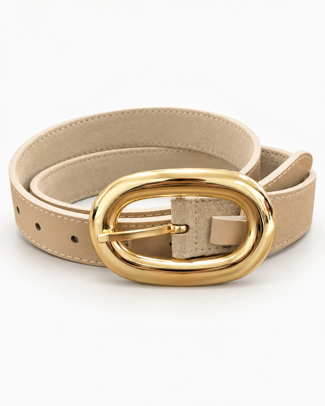 Light Taupe Belt With Circular Gold Buckle