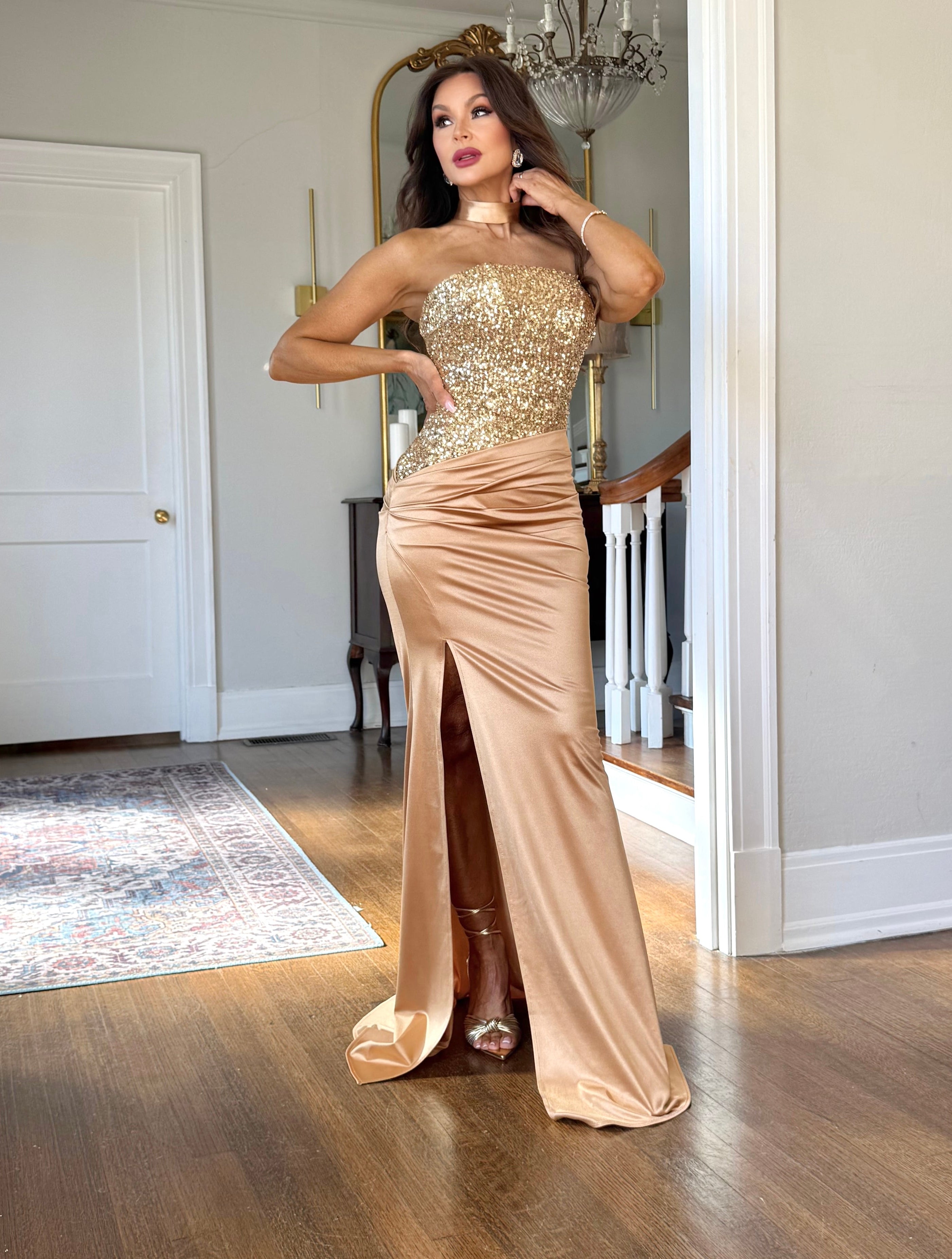 Reign gold sequin bodice lace up satin formal