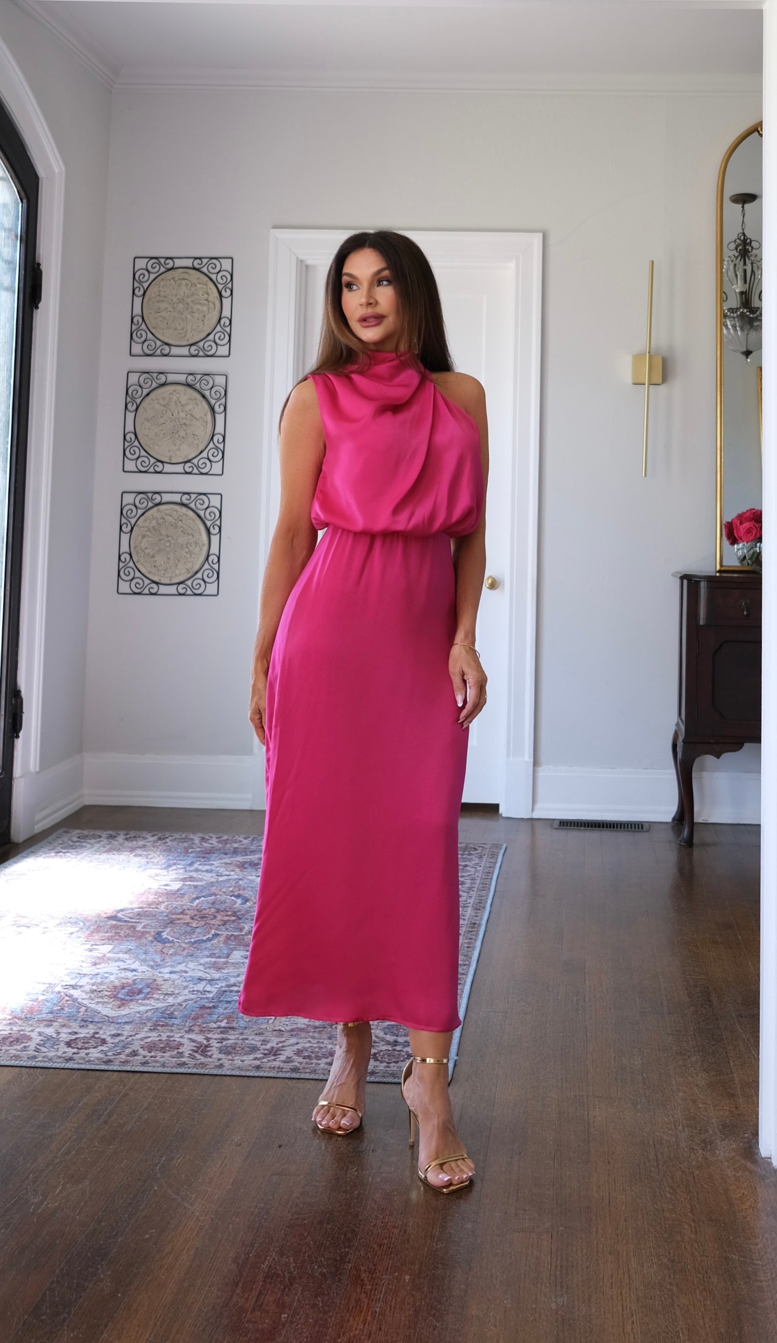 Bridgette rose satin halter neck midi