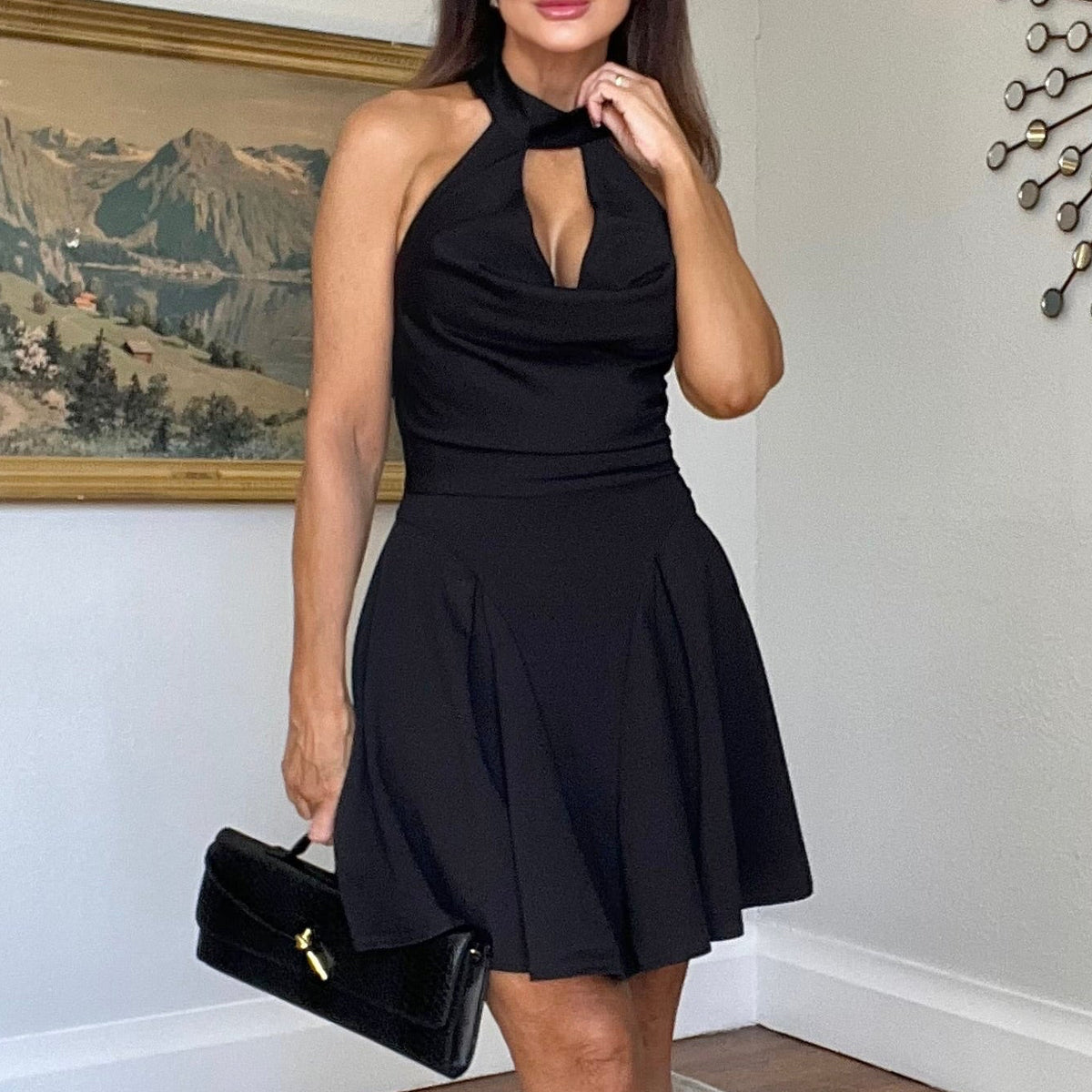Kendra Black Drape Neck Pleated A Line Mini Dress