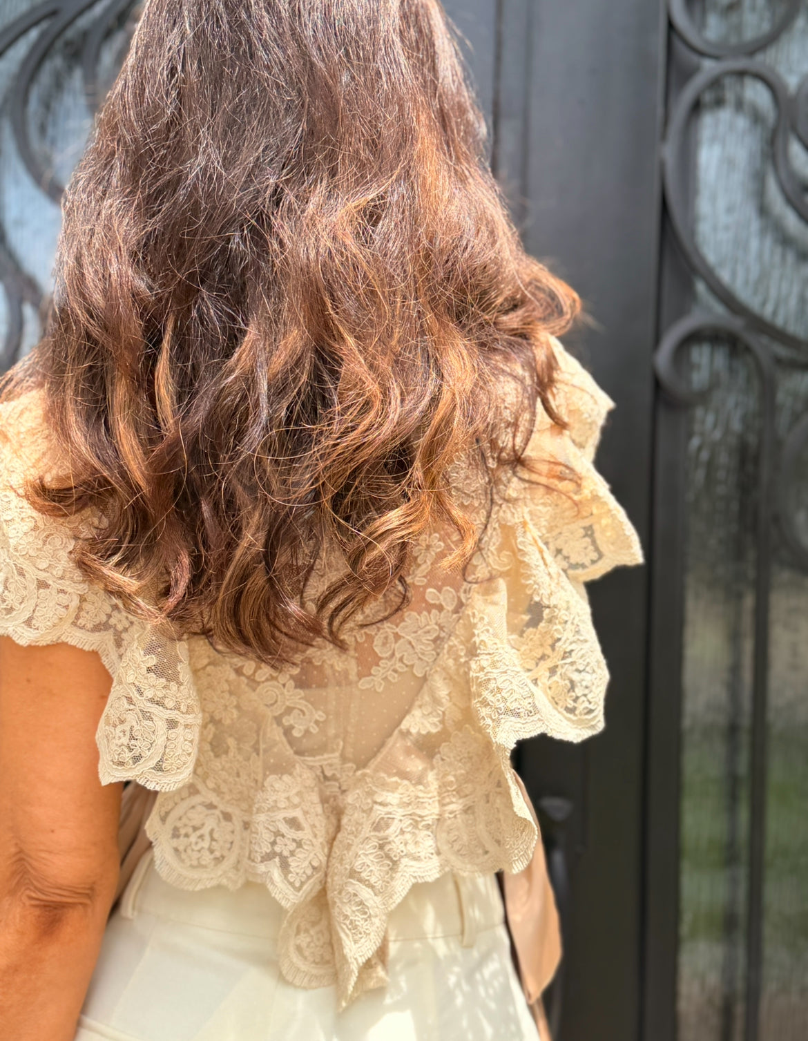 Hattie Beige Sheer Floral Mock Neck Lace Top