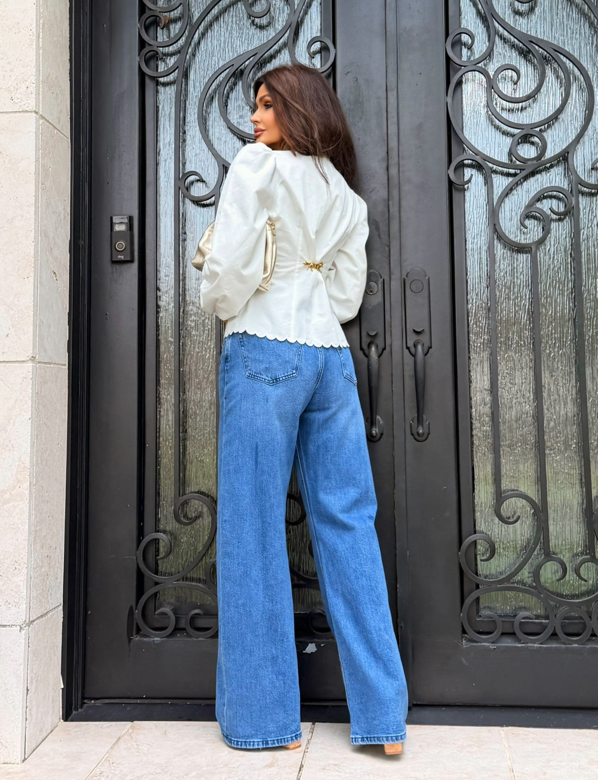 Vivian White Scallop Detail Long Sleeve Top