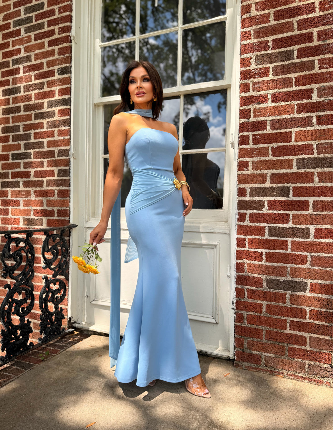 Chloe light blue strapless halter maxi dress