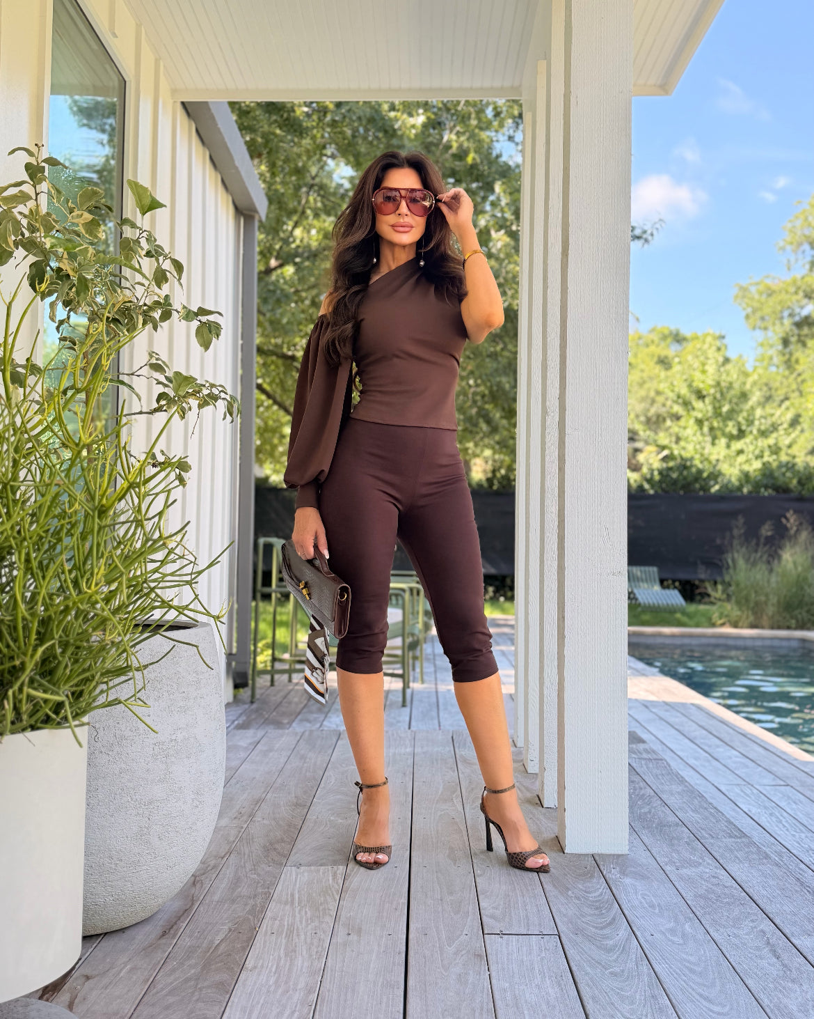 Saylor Brown Asymmetric One Sleeve Top