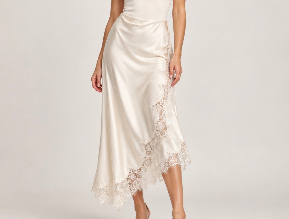 Calise Ivory Asymmetric Satin Skirt With Lace
