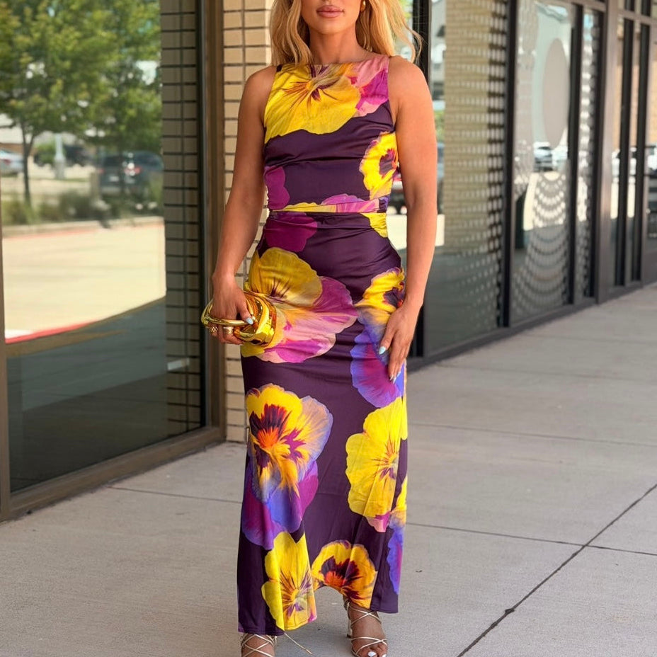 Christine Plum Floral Open Back Midi Dress