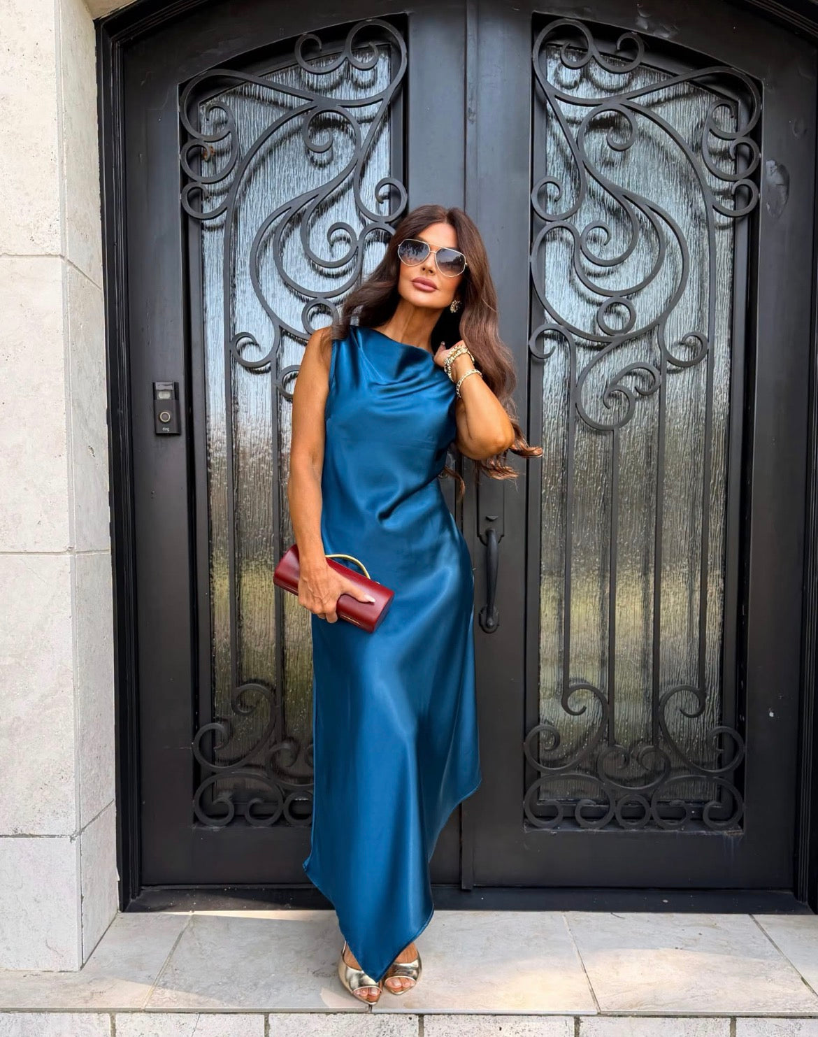 Gabby Teal Cowl Neck Satin Midi Dress