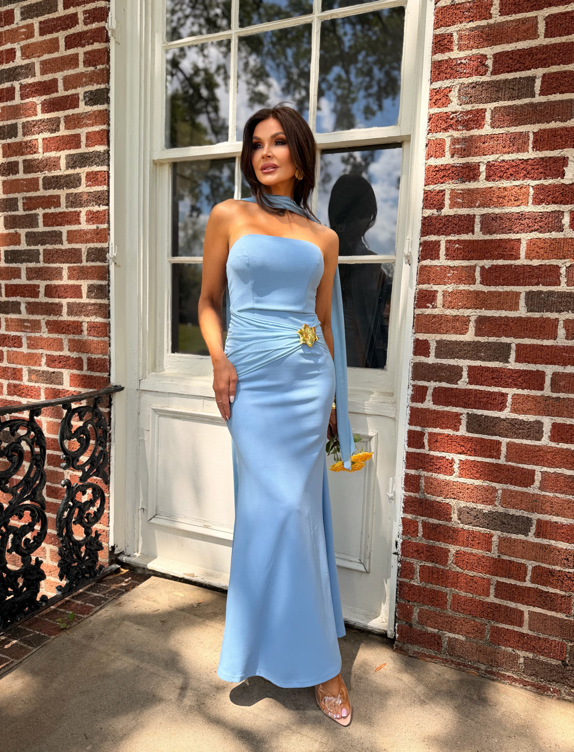 Chloe light blue strapless halter maxi dress