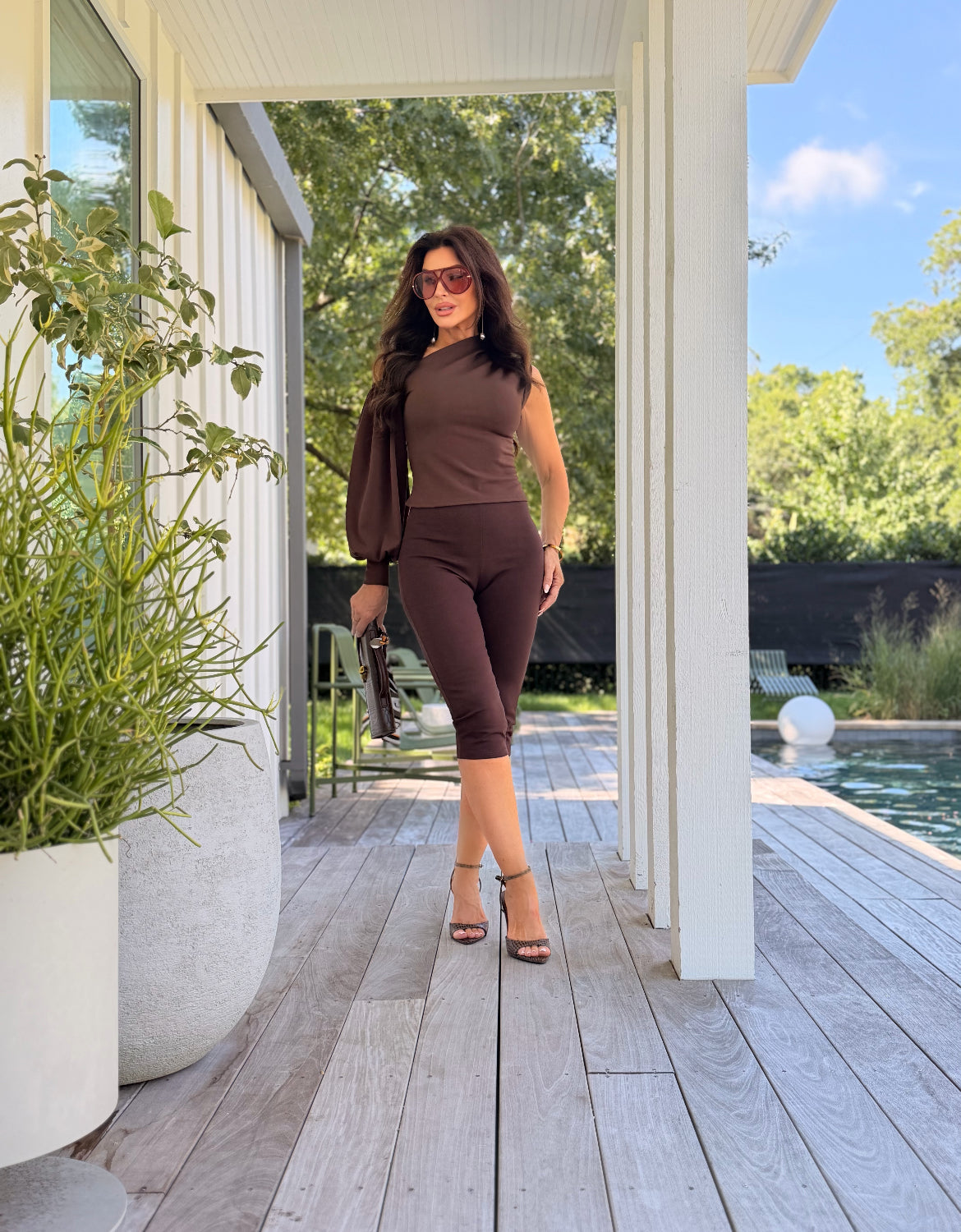 Saylor Brown Asymmetric One Sleeve Top