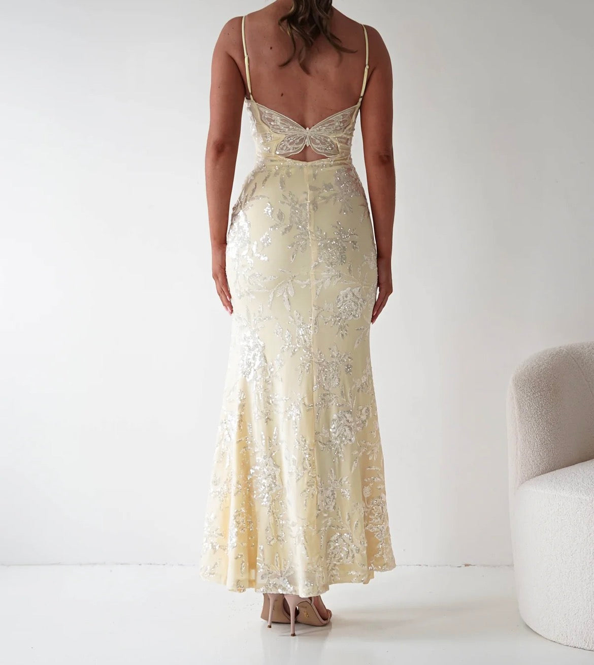 Greta Light Yellow Sequin Butterfly Back Detail Maxi Dress