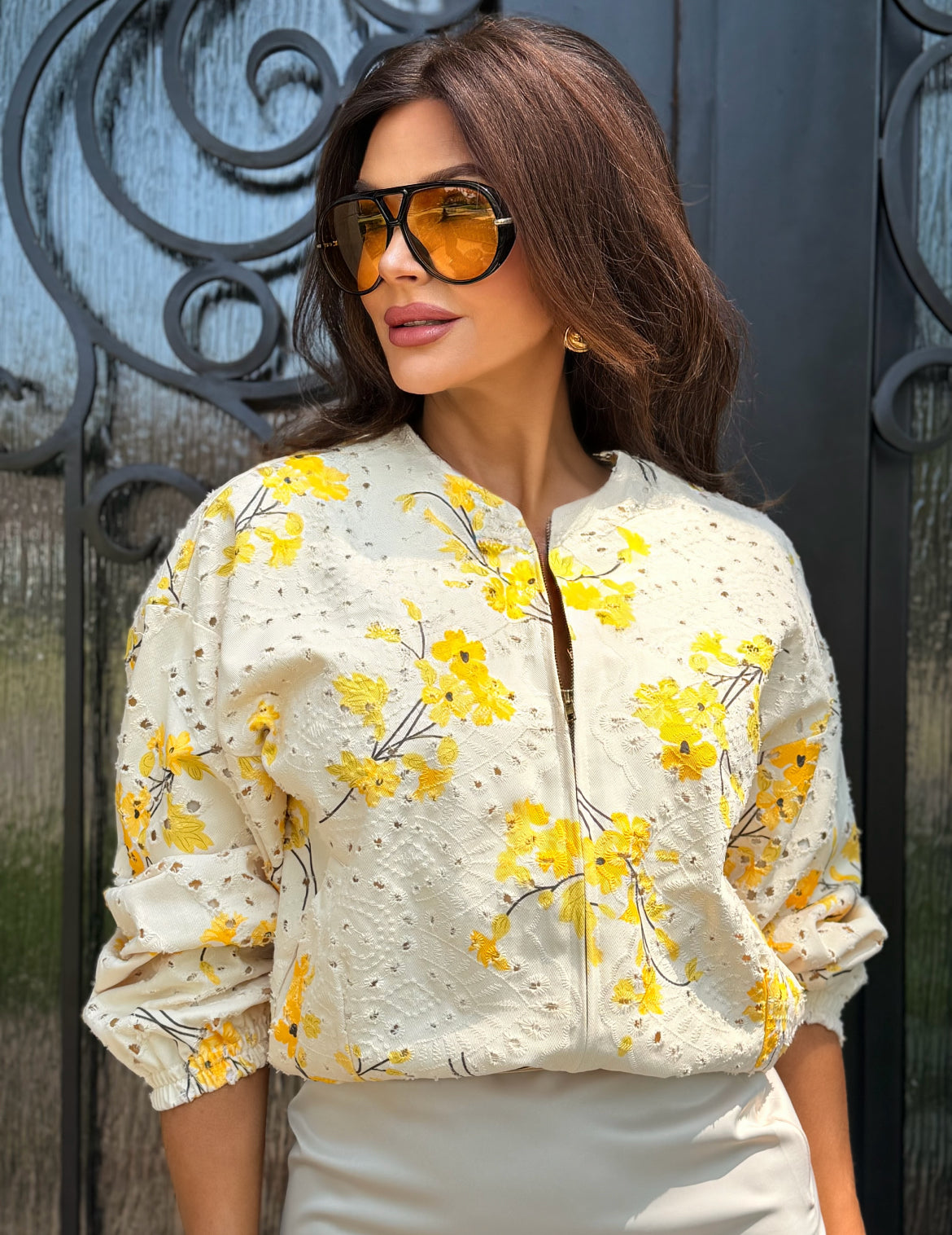 Celia Cream Floral Embroidered Zip Up Jacket