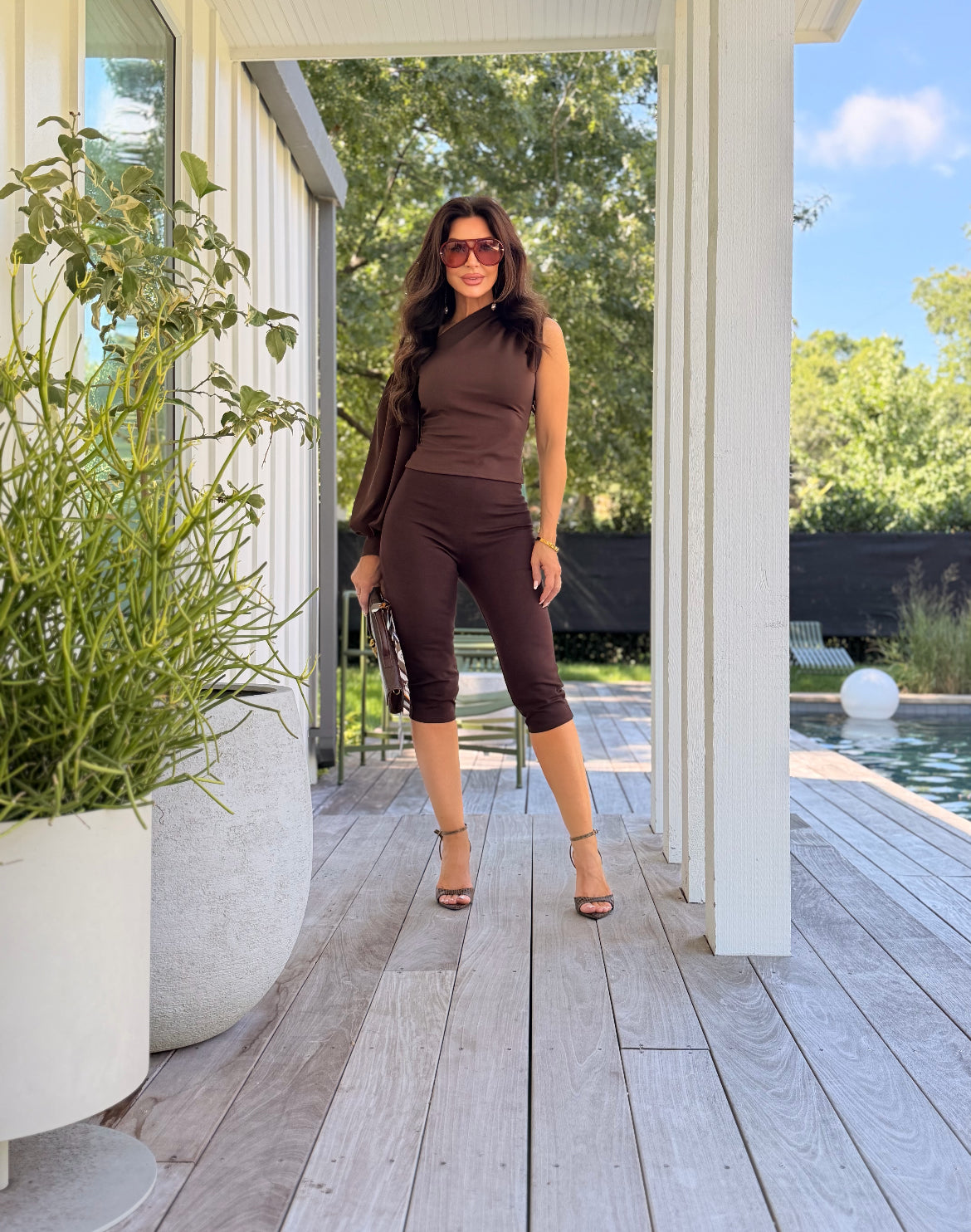 Saylor Brown Asymmetric One Sleeve Top