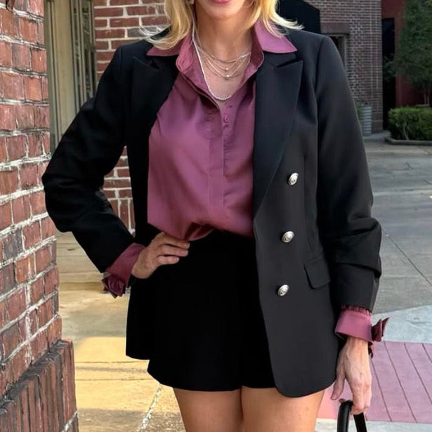 Lyni Solid Notched Ruched Sleeve Blazer