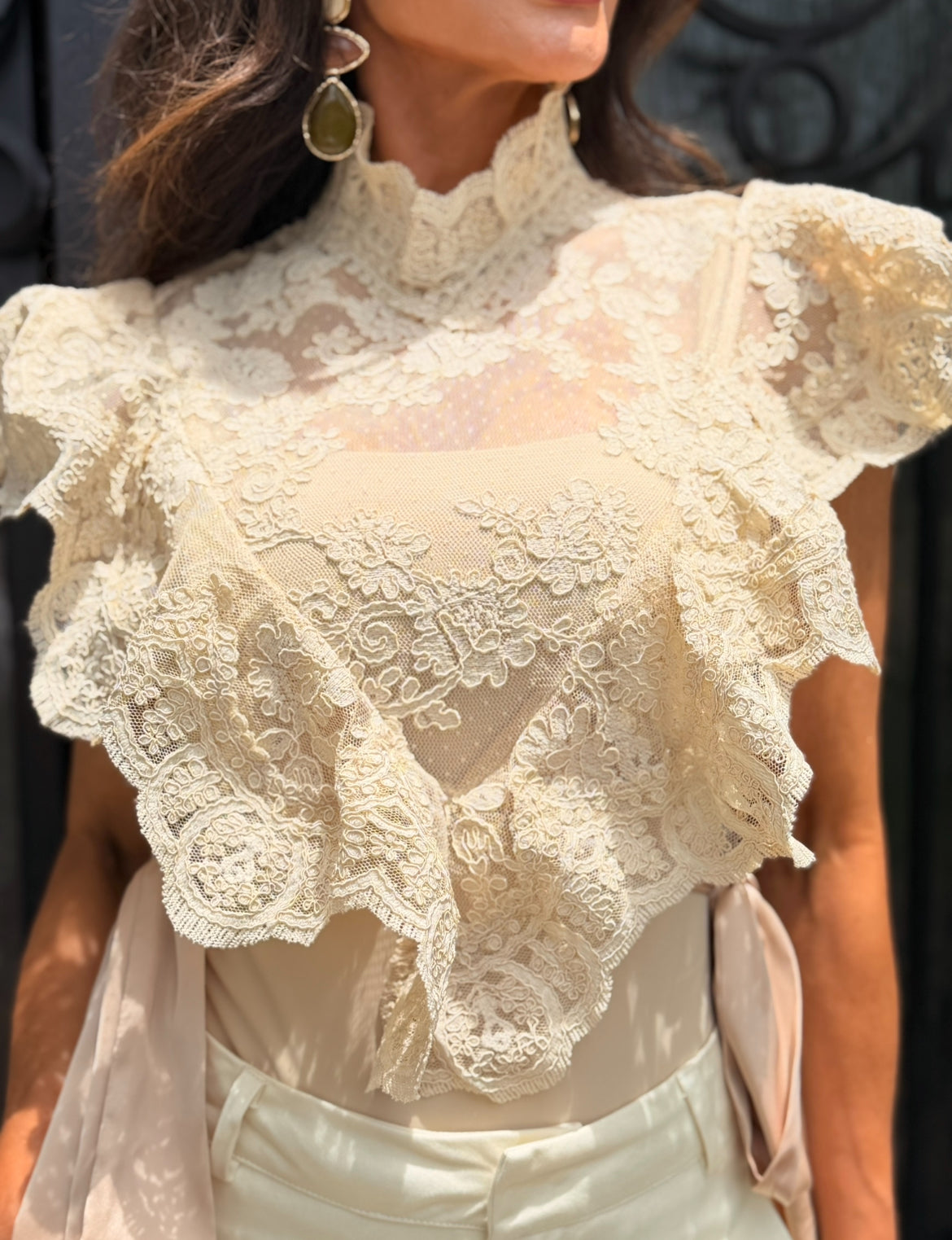 Hattie Beige Sheer Floral Mock Neck Lace Top