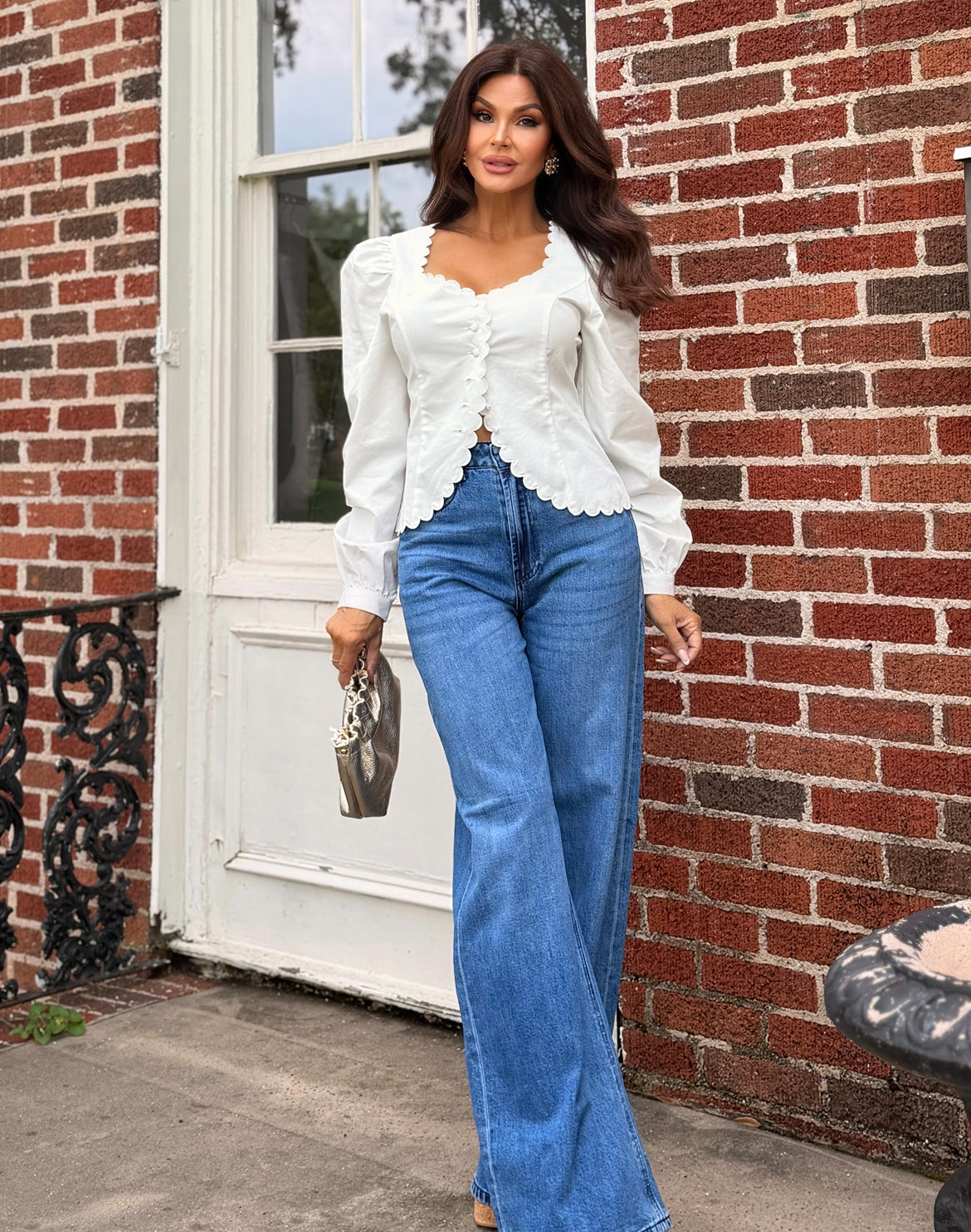 Vivian White Scallop Detail Long Sleeve Top