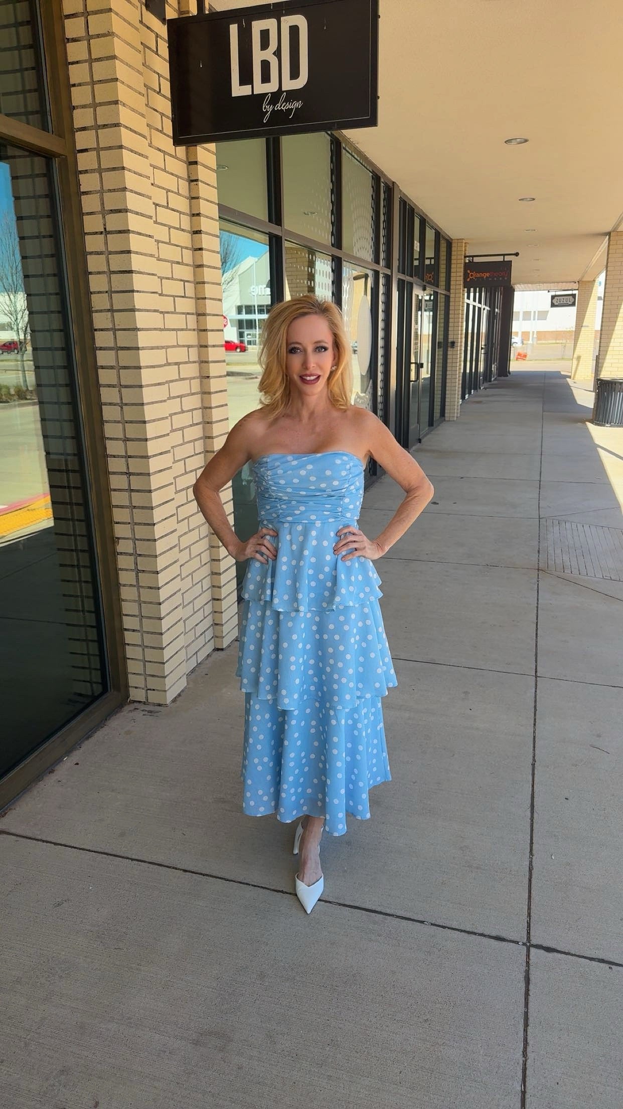Harper light blue tiered polka dot maxi dress