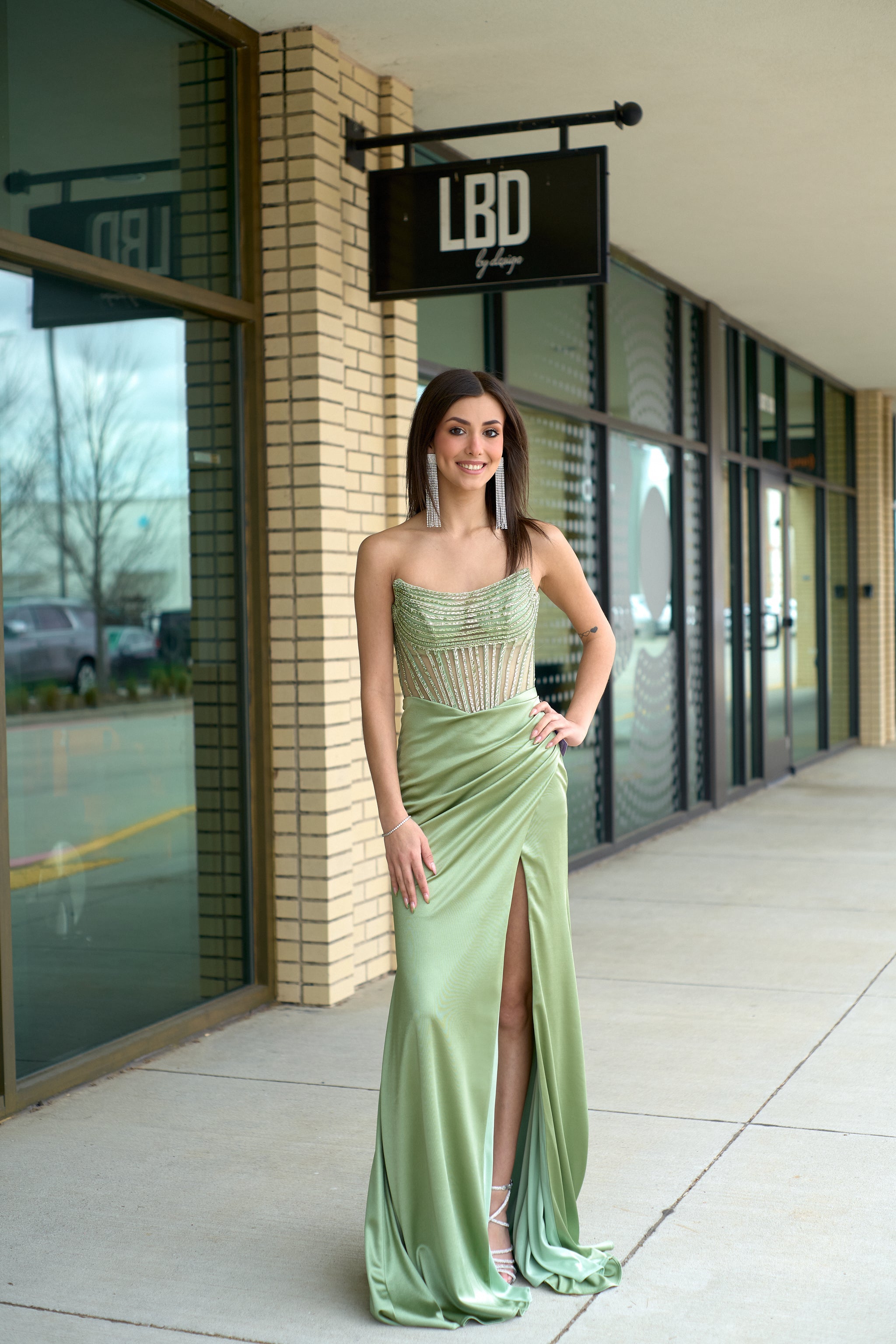 Patrice Deep Sage Strapless Satin And Crystal Corset Bodice Front Slit Formal Gown
