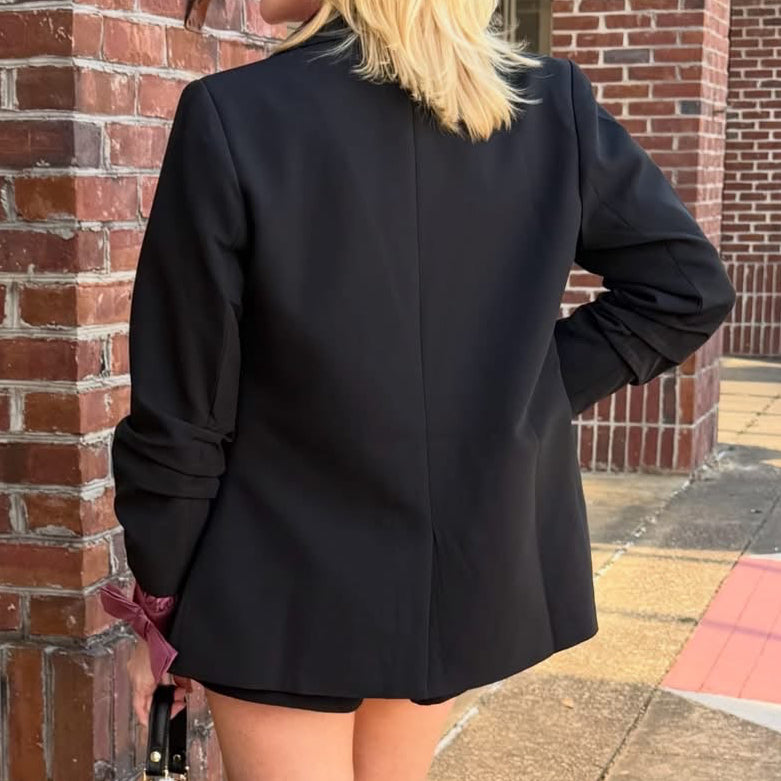Lyni Solid Notched Ruched Sleeve Blazer