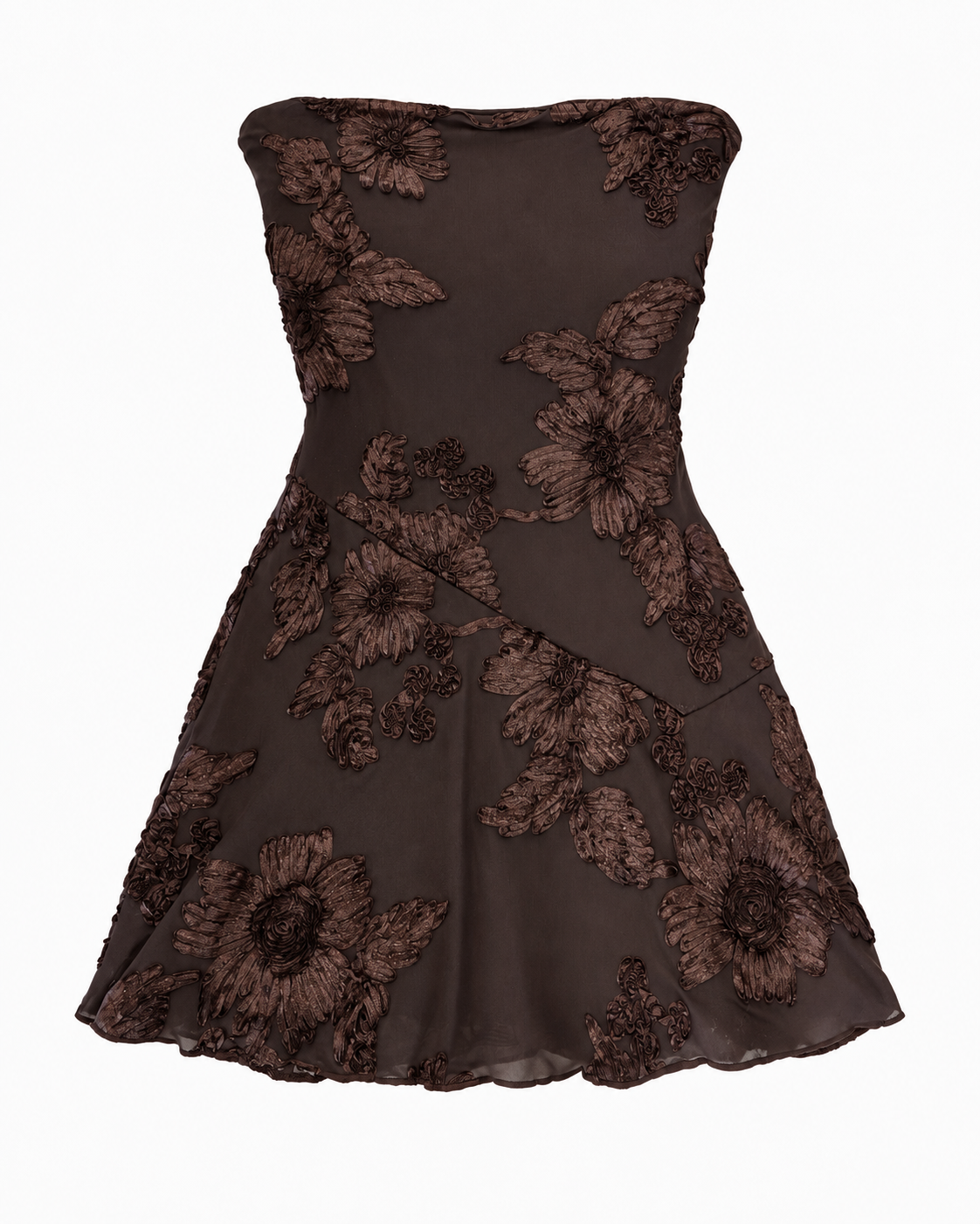 Naya Dark Brown Strapless Floral Embroidered Mini Dress