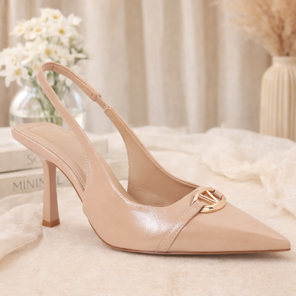 Trisha Beige Pointy Gold V Toe Shoes