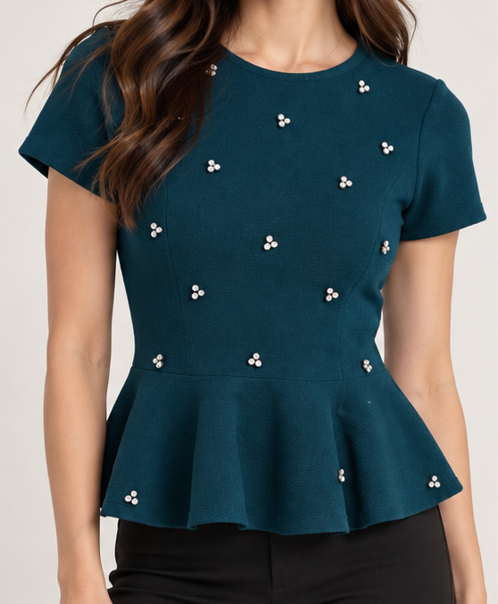 Ansley Deep Teal Peplum Sweater With Rhinestone Detail