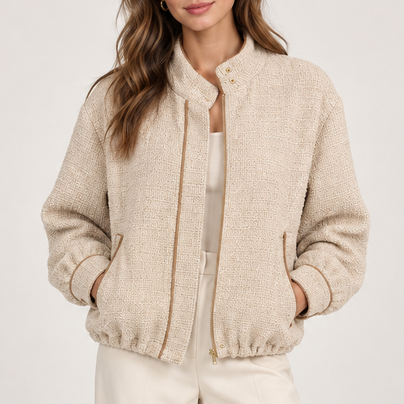 Shayla Beige Contrast Detail Tweed Zip Up Jacket