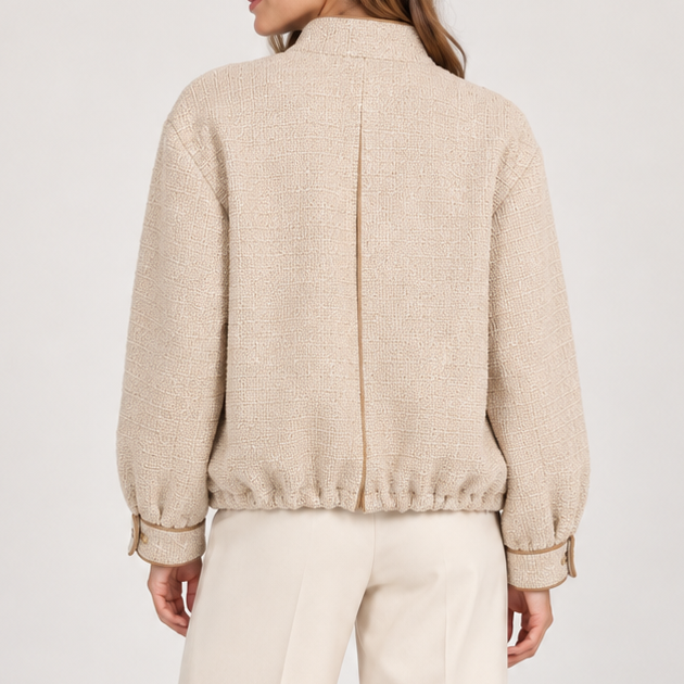 Shayla Beige Contrast Detail Tweed Zip Up Jacket