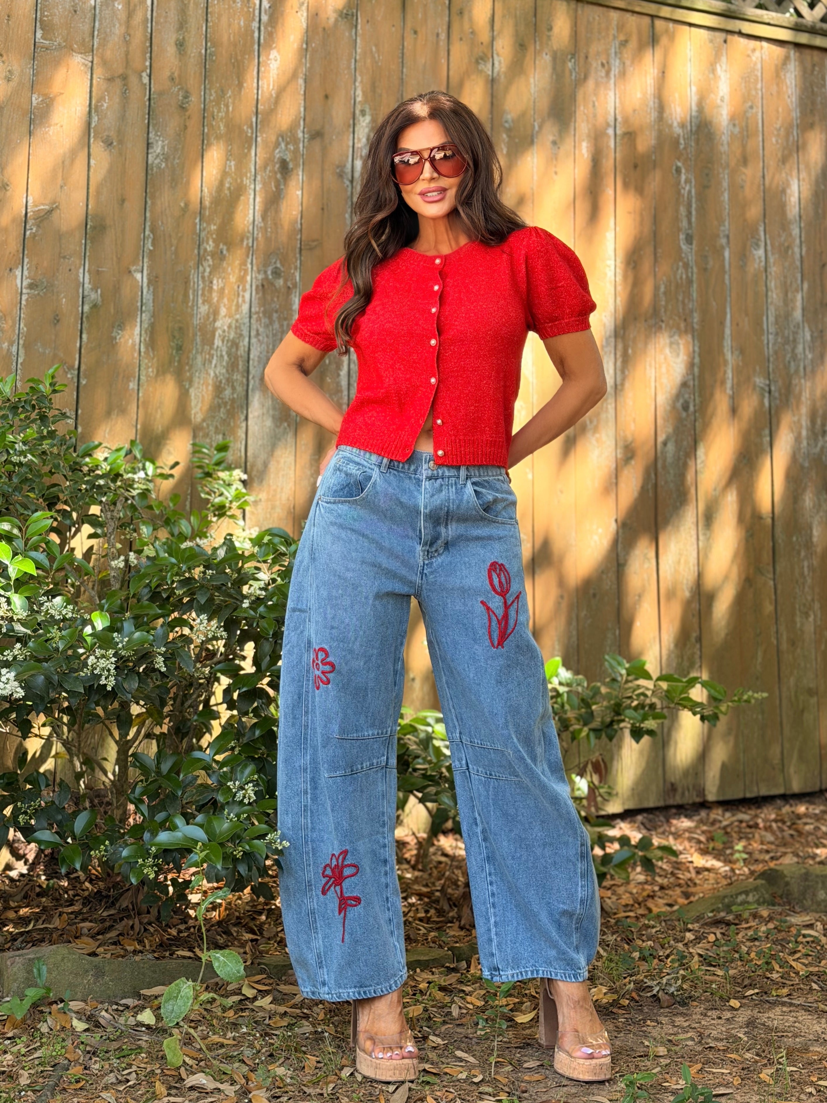 Lindsay Denim Red Floral Embroidered Barrel Jeans