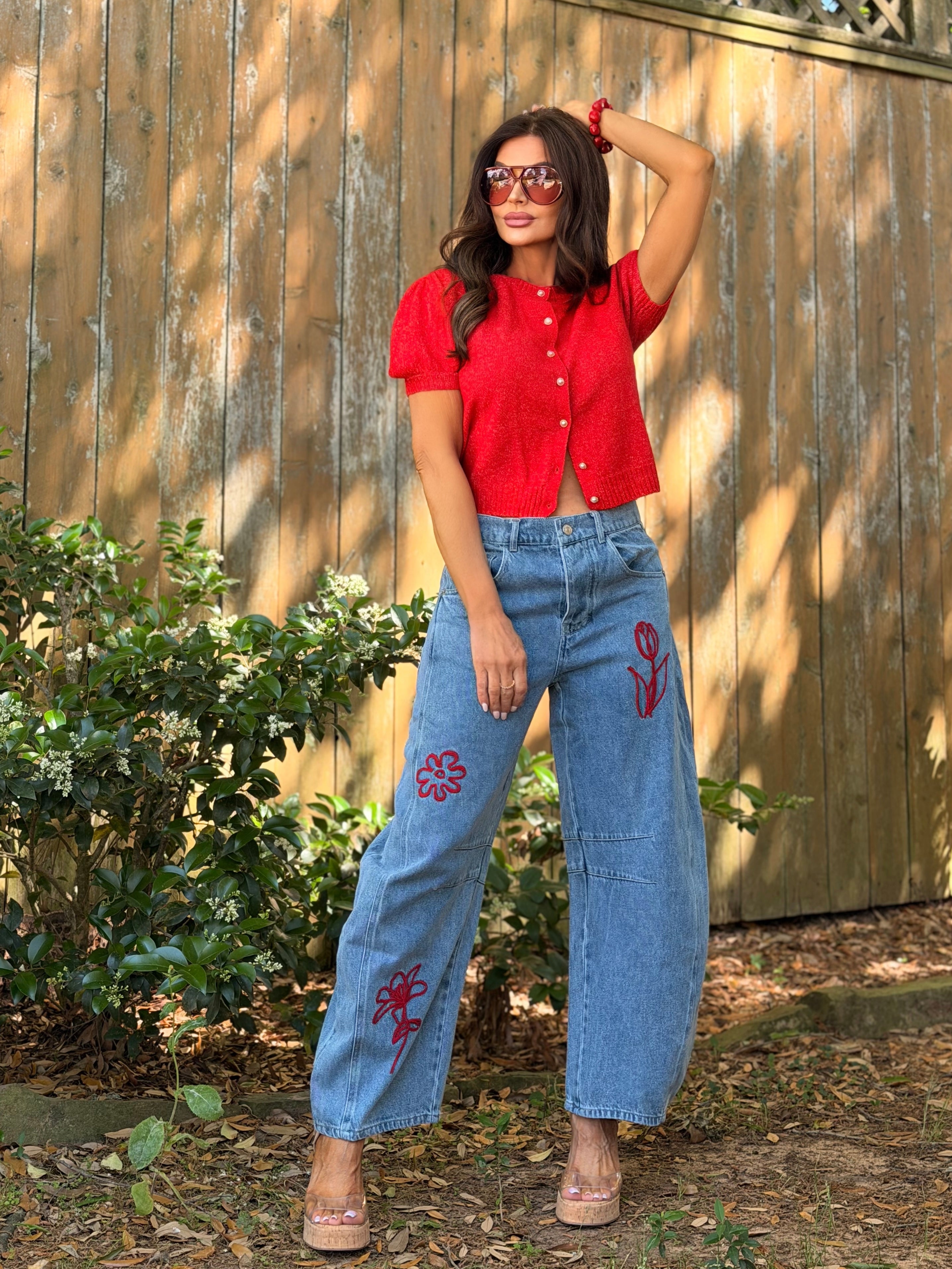Lindsay Denim Red Floral Embroidered Barrel Jeans