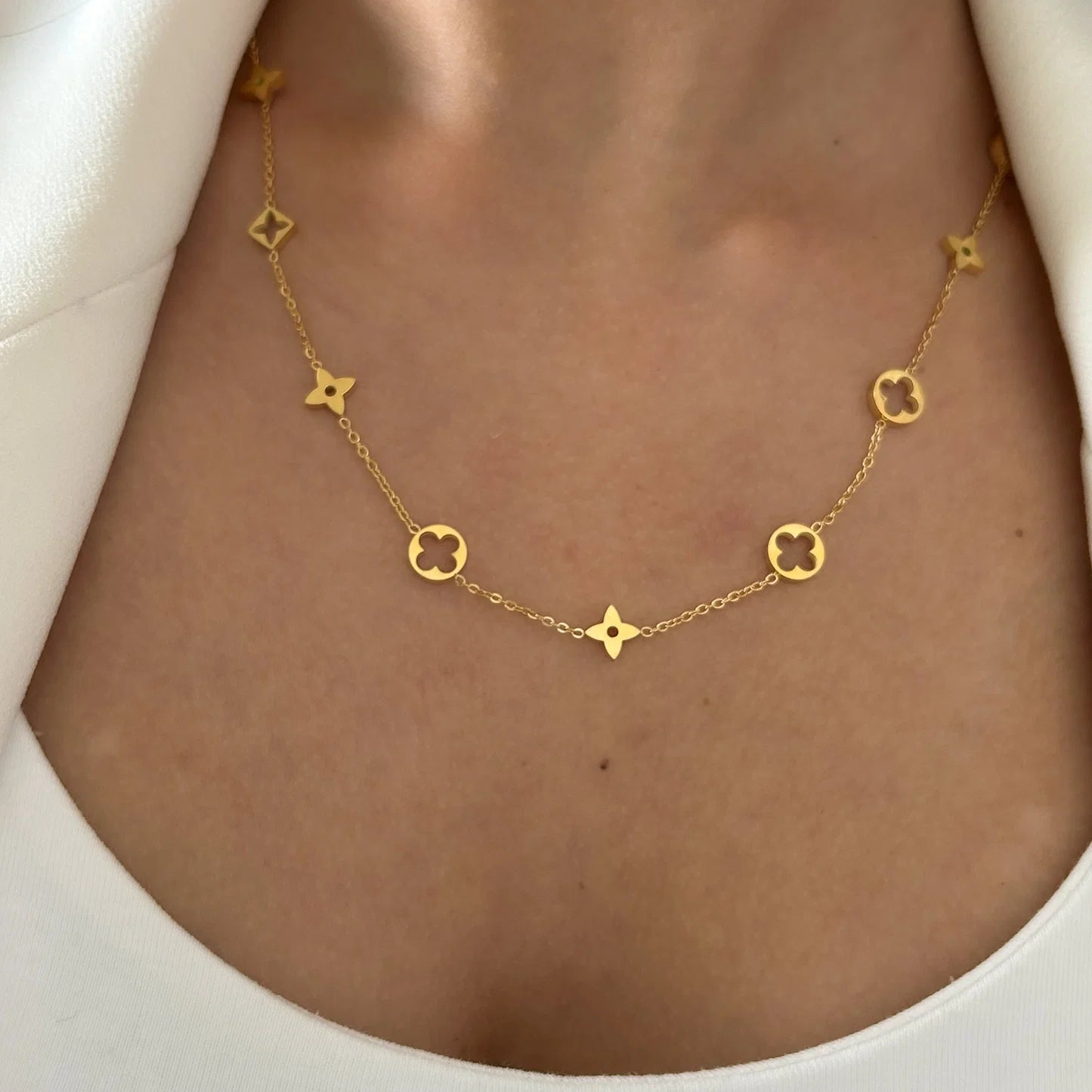 Gold Station Necklace with Clover Charms