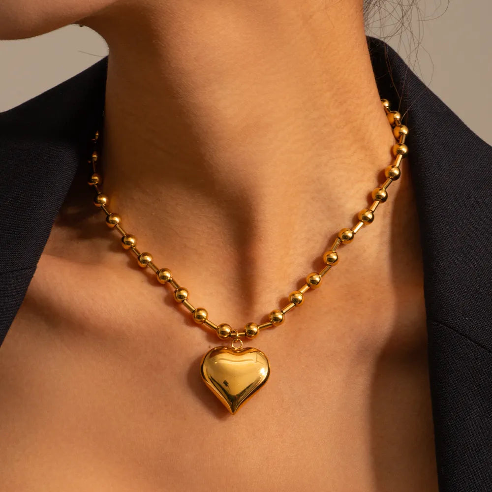 Gold Beaded Chain Heart Pendant Necklace