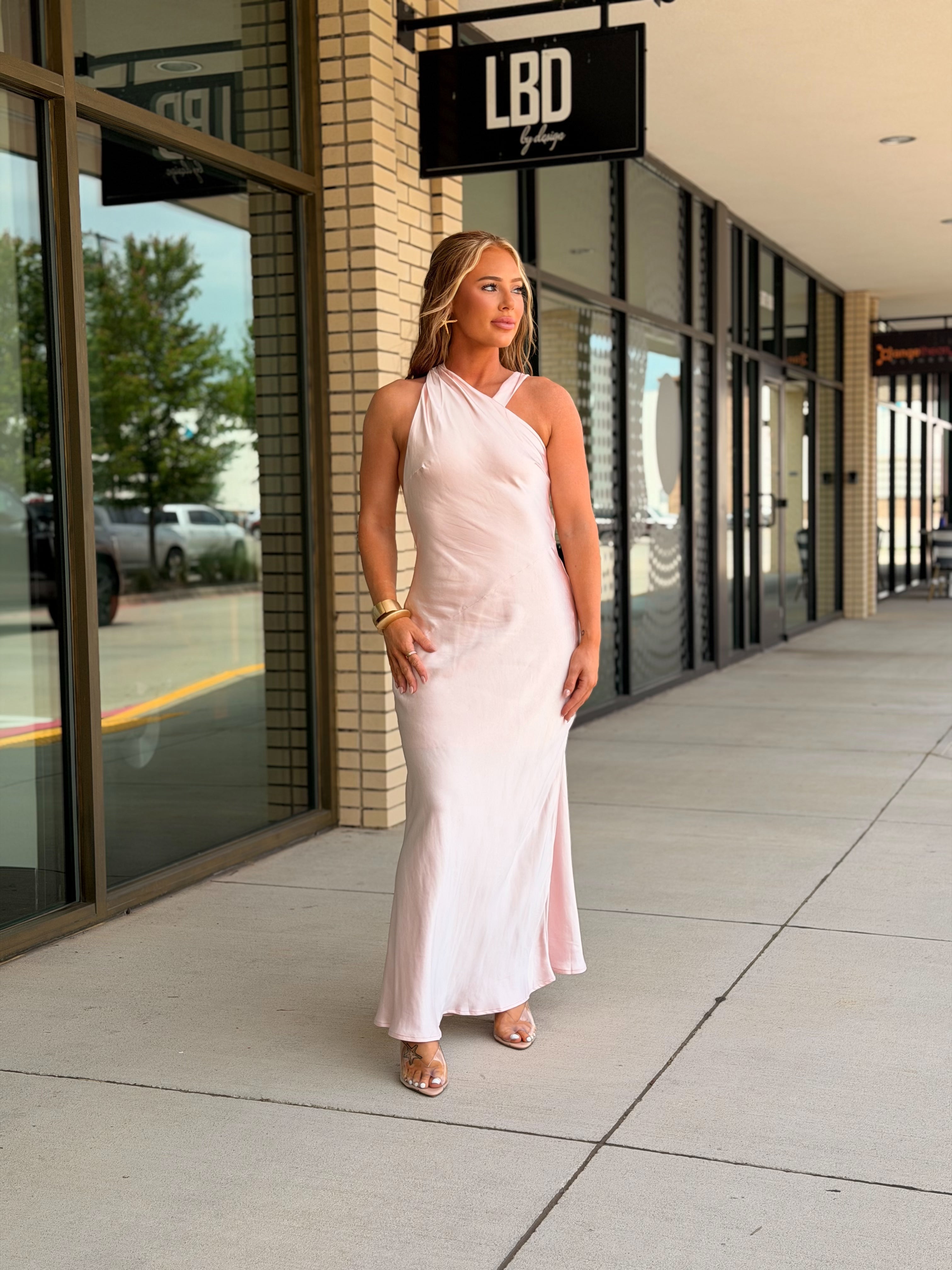 Caroline soft pink one shoulder asymmetrical maxi dress