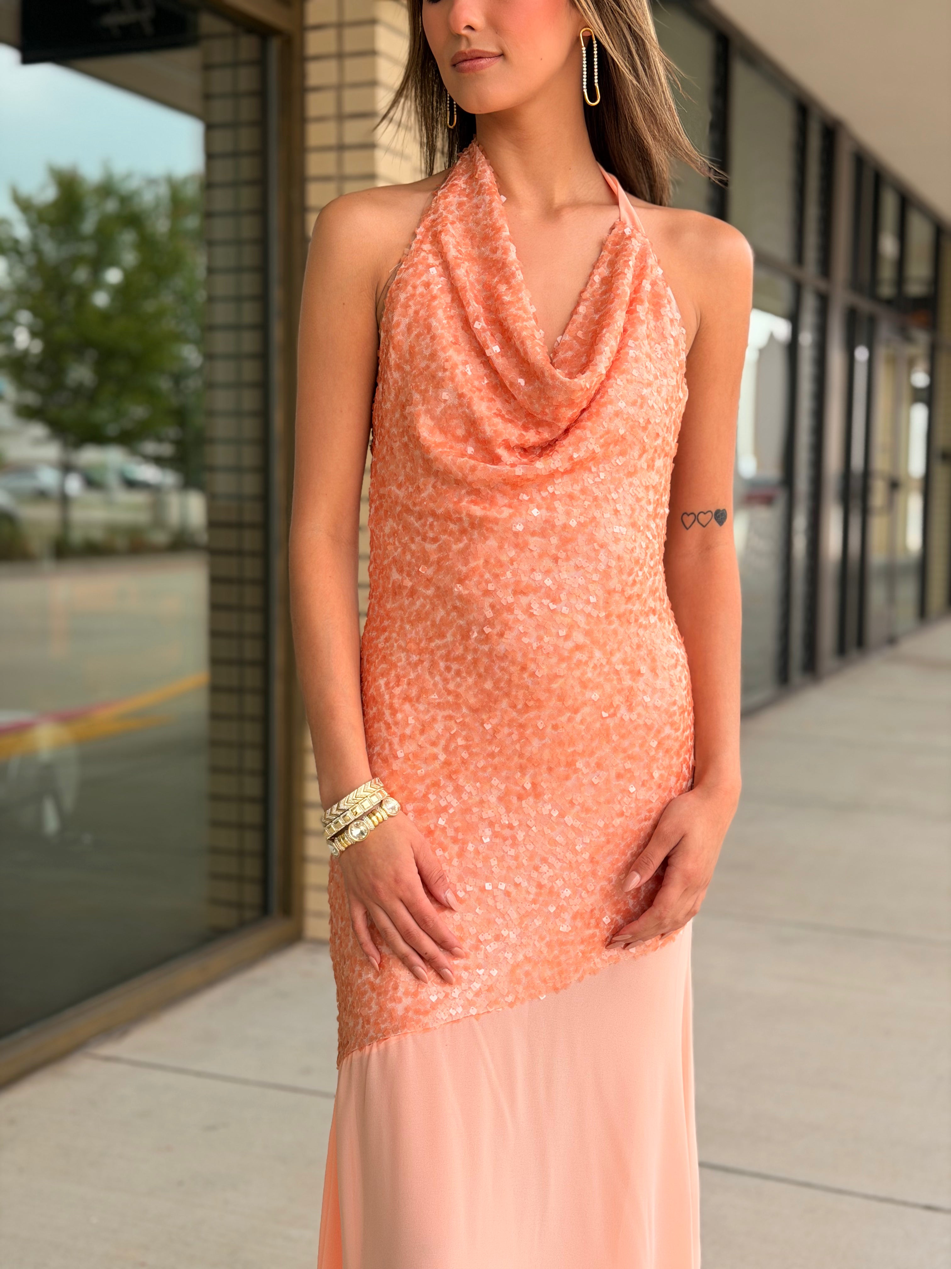 Suzie peach halter sequin maxi dress
