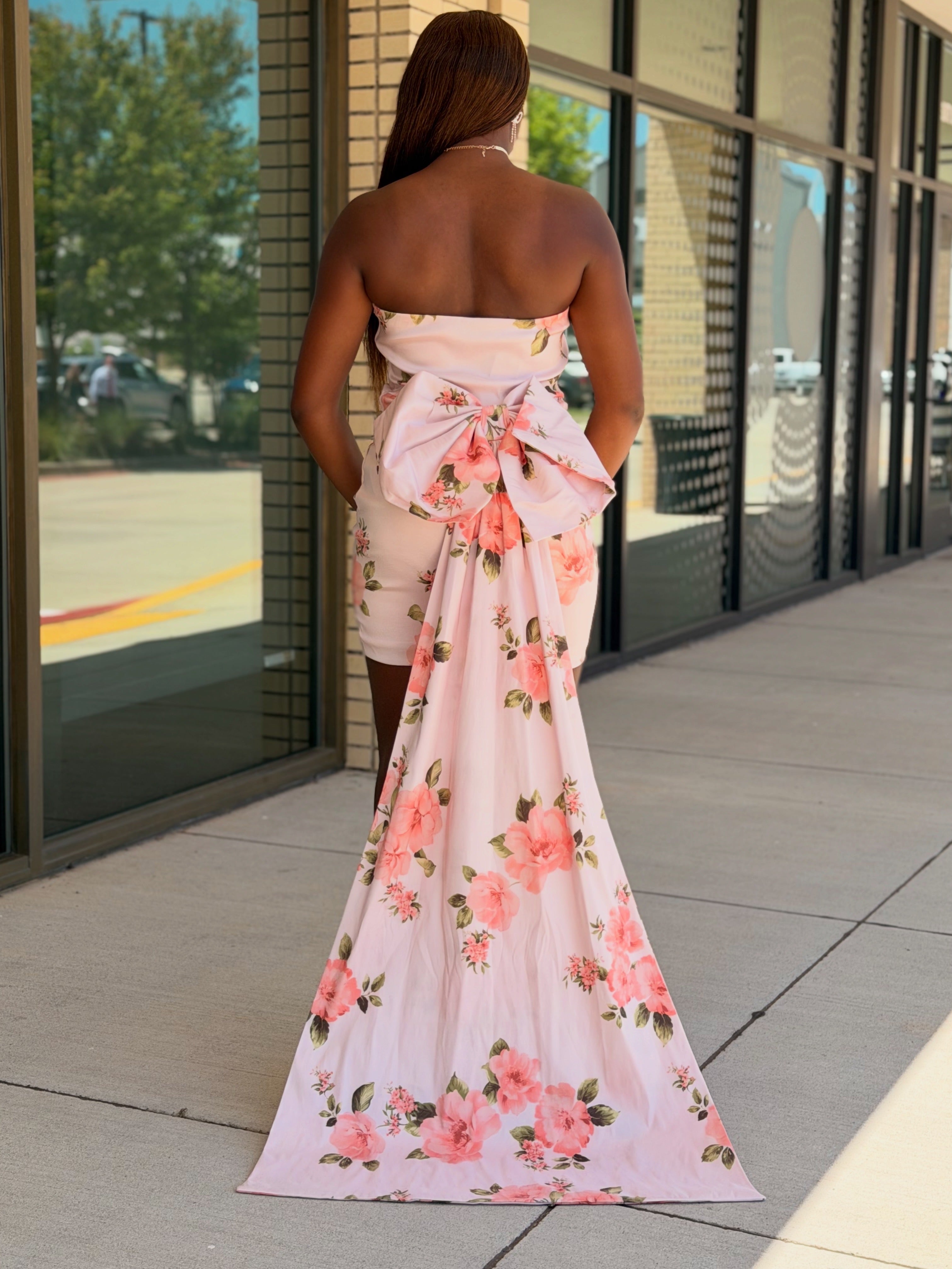 Molly Blush Pink Floral Bow Train Strapless Mini Dress